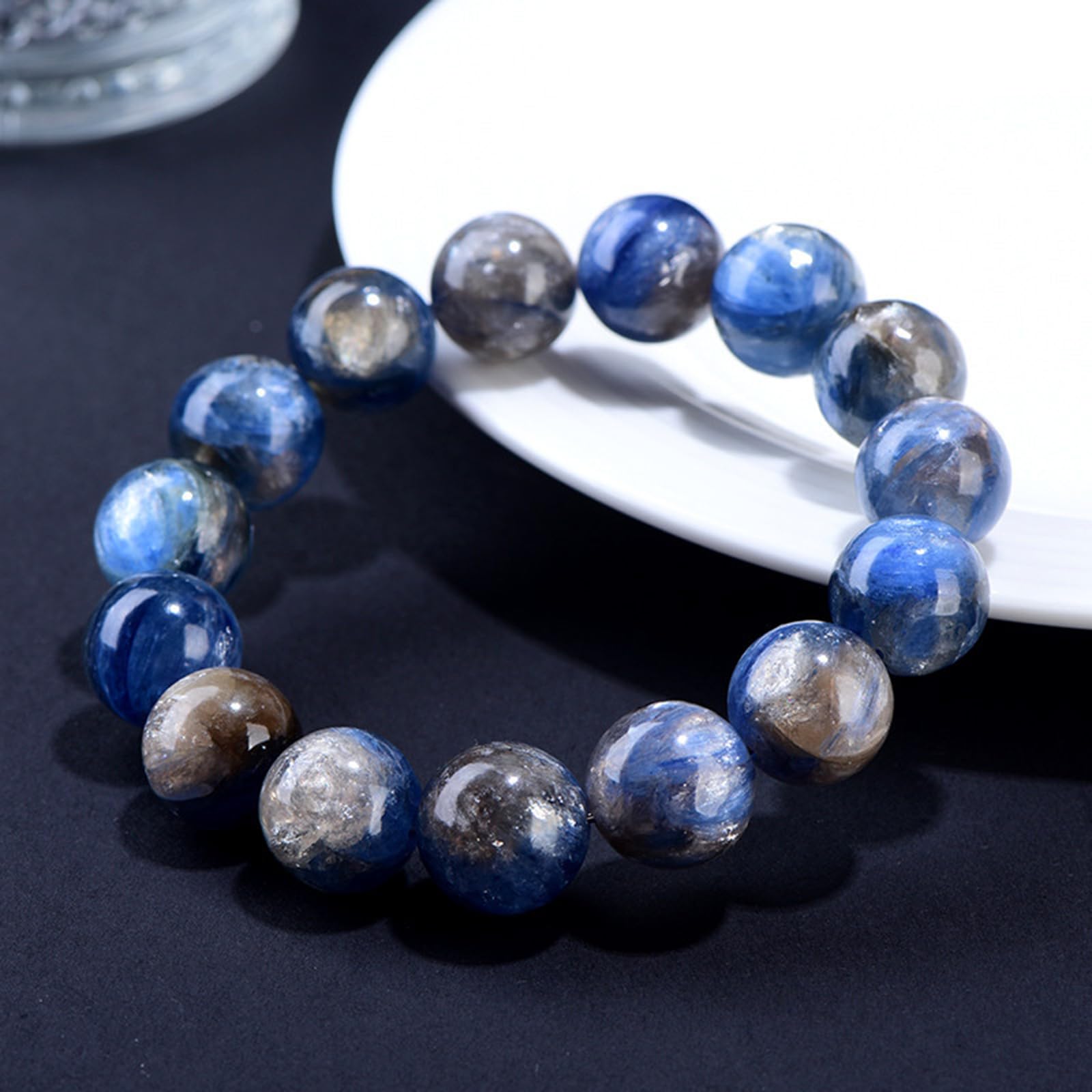 Bracciale da donna in cianite simbiotica "Old-Mine" – Gioiello con pietre | Regali di gioielli in cianite fatti a mano per donne, braccialetti elasticizzati con perline di cristallo