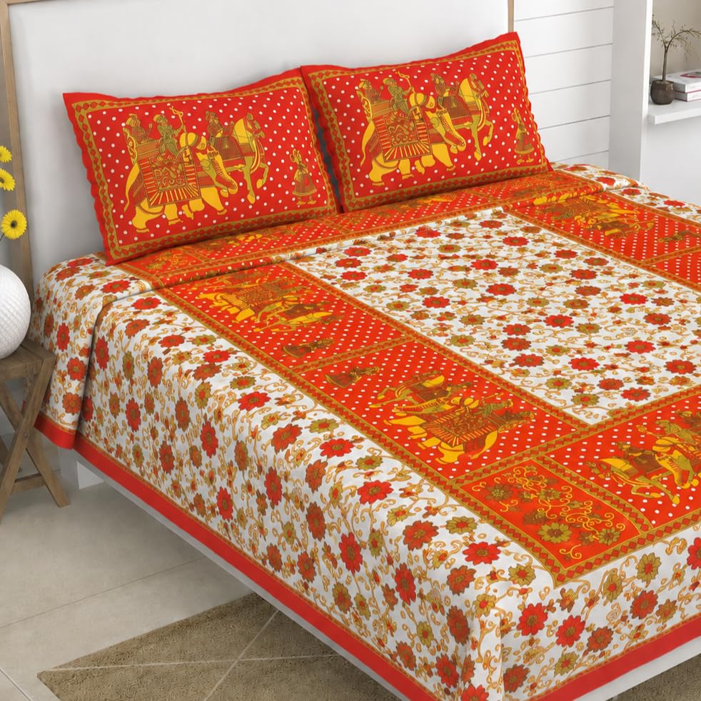 Image of JAIPUR PRINTS 160-TC, 100% Cotton Bedsheet for Double Size Bed bedsheets Rajasthani Traditional Double Size Bedsheet with 2 Pillow Cover /90x100 inch /235x215cm /Soft-Breathable & Durable /Orange Gangor