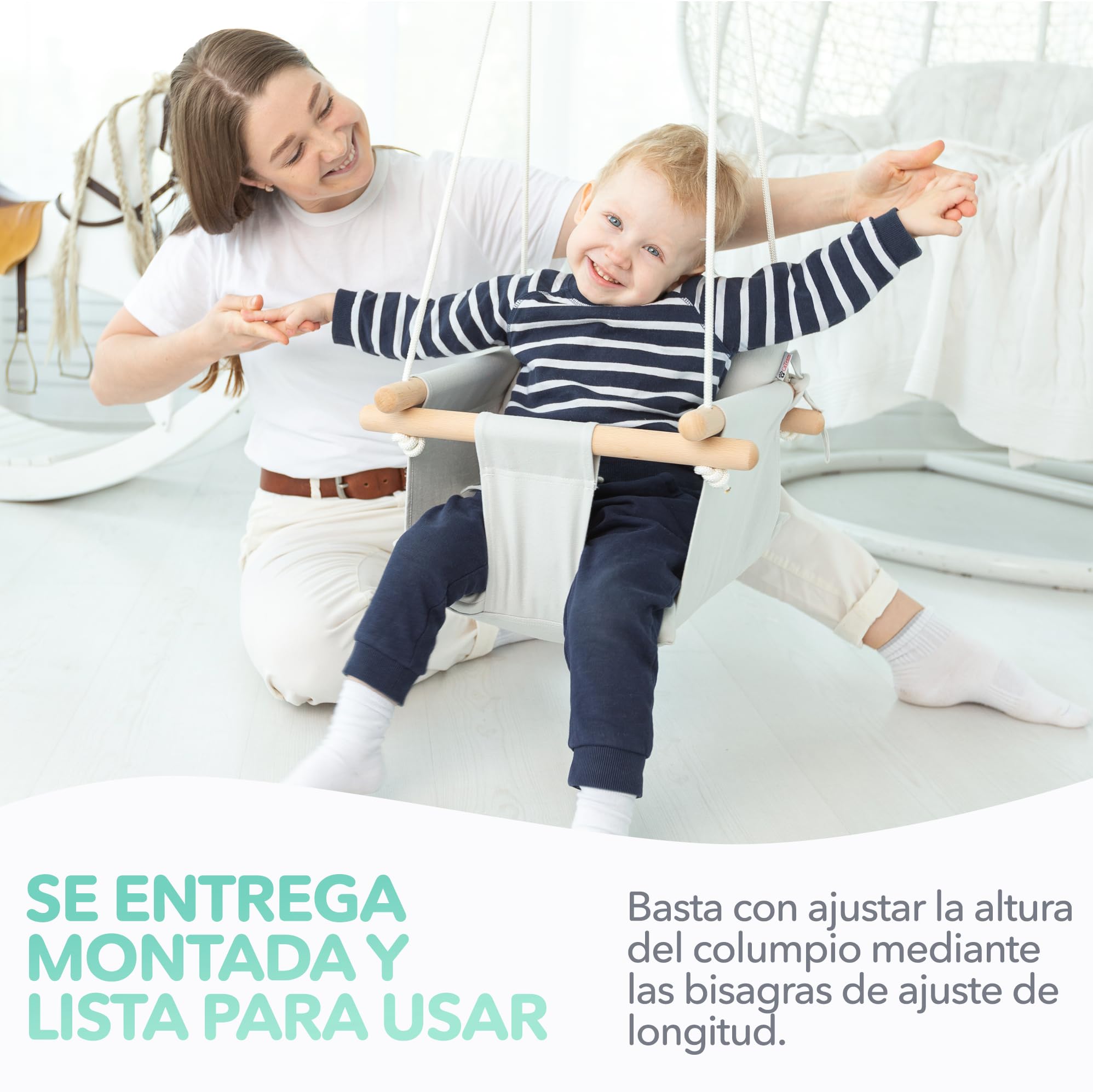 CaTeam - Columpio de Lona para bebé, Silla de Columpio Colgante de Madera con cinturón de Seguridad, Silla de Hamaca Duradera para bebé, Columpio para Exteriores e Interiores para niños, Marfil