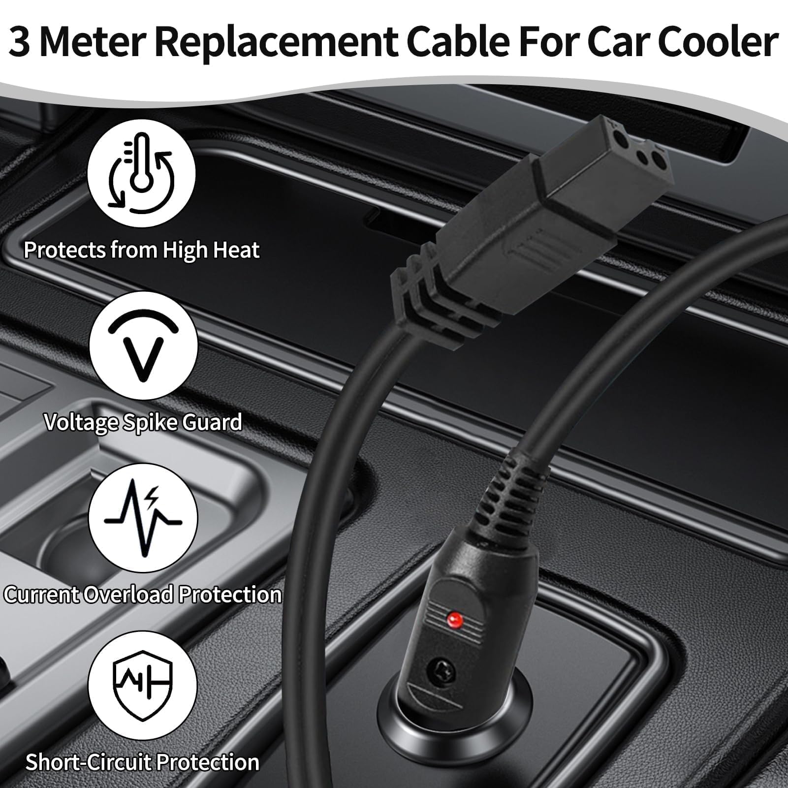 Cable De Alimentación 12V Para Nevera De Coche - 3 Metros, Con Fusible Y LED