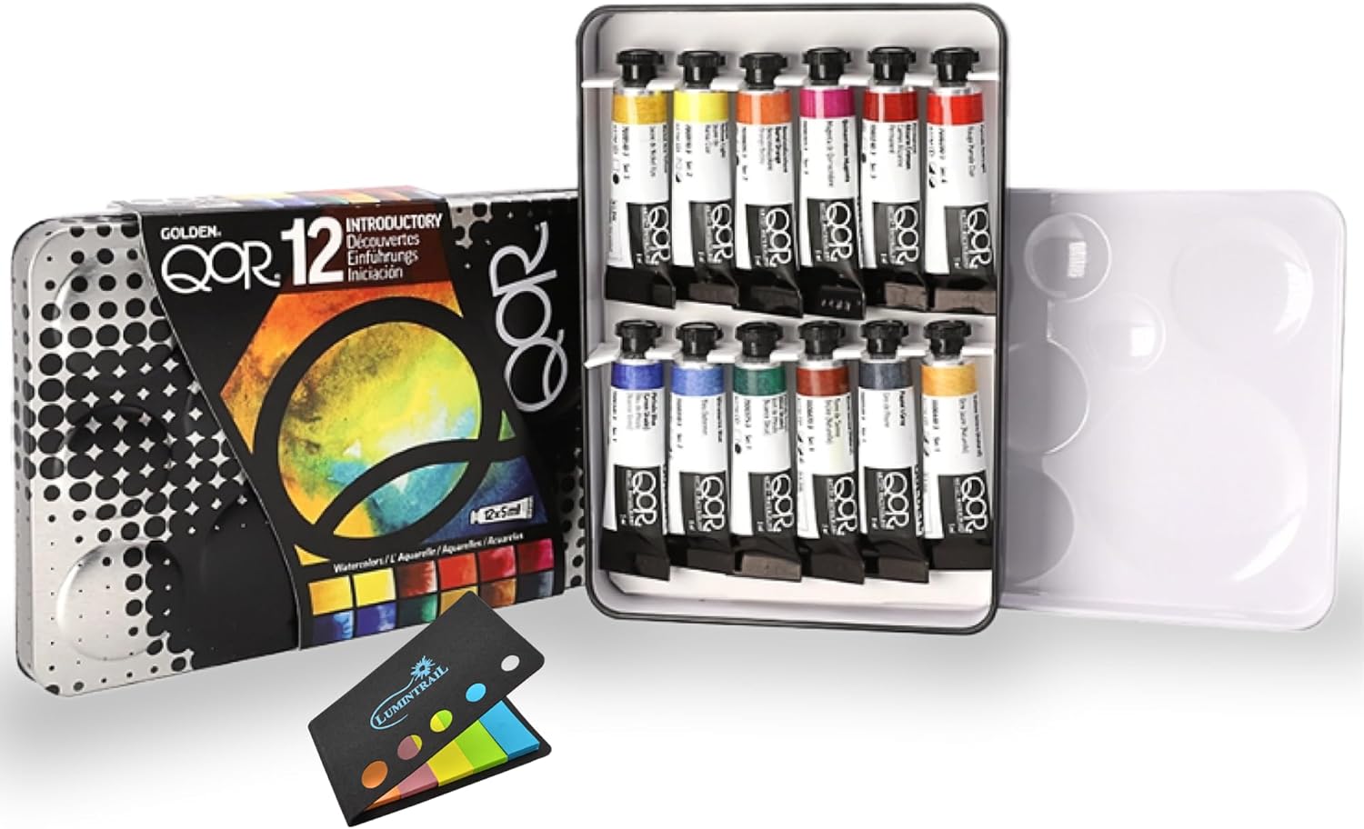 QoR Watercolor, 12 Color Set of 5ml Tubes, Made by Golden Artist Paints, with Sticky Notes, Multi-Color