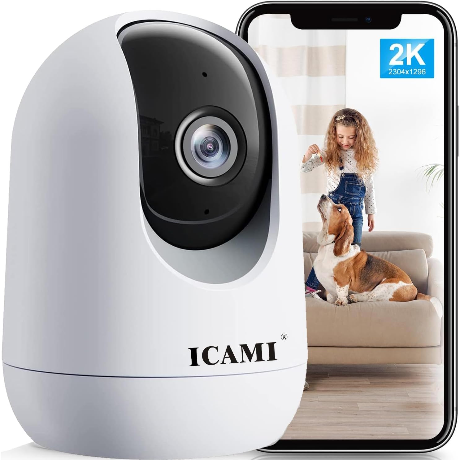ICAMIIndoor Security Camera 2K, Pet Camera with Phone App, WiFi Cameras for Home Security Camera for Dog/Baby Monitor/Elder Pan Tilt, 2-Way Talk, Human Detection, Motion Tracking, SD&Cloud