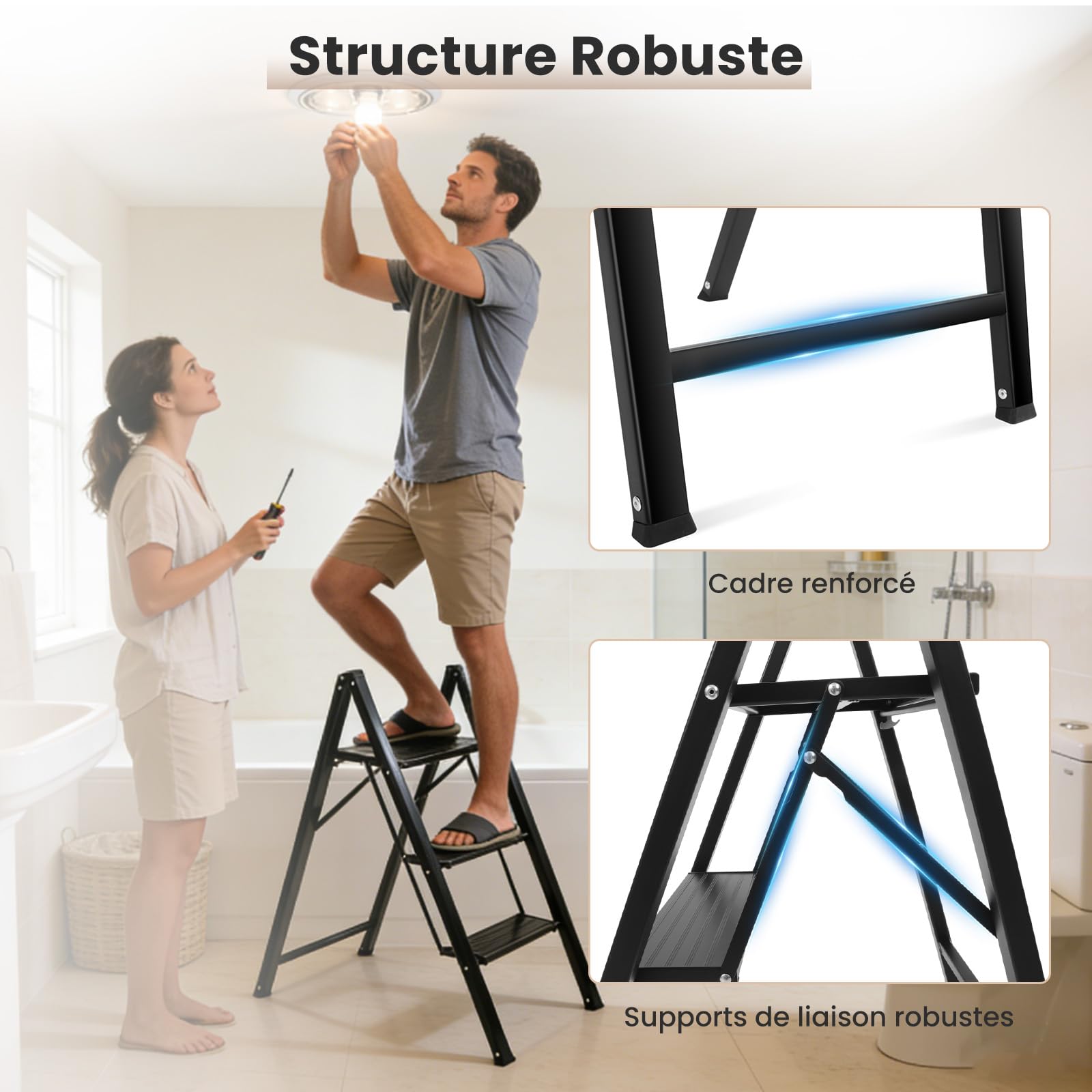 Sekey Marchepied 3 Marches Pliable Aluminium, Escabeau Escamotable Châssis Acier Marches Alu Anti-Glissantes, Ultra Léger pour Maison & Cuisine, Certifié TÜV SGS EN131 EN14183, Capacité 150 kg, Noir