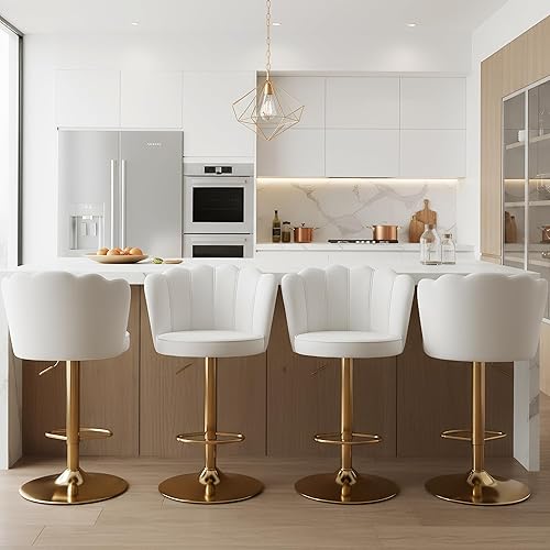 Miniatura 27 de Taburetes de bar giratorios con altura de barra, juego de 4 sillas tapizadas ajustables de terciopelo con respaldo/base dorada para isla de cocina,