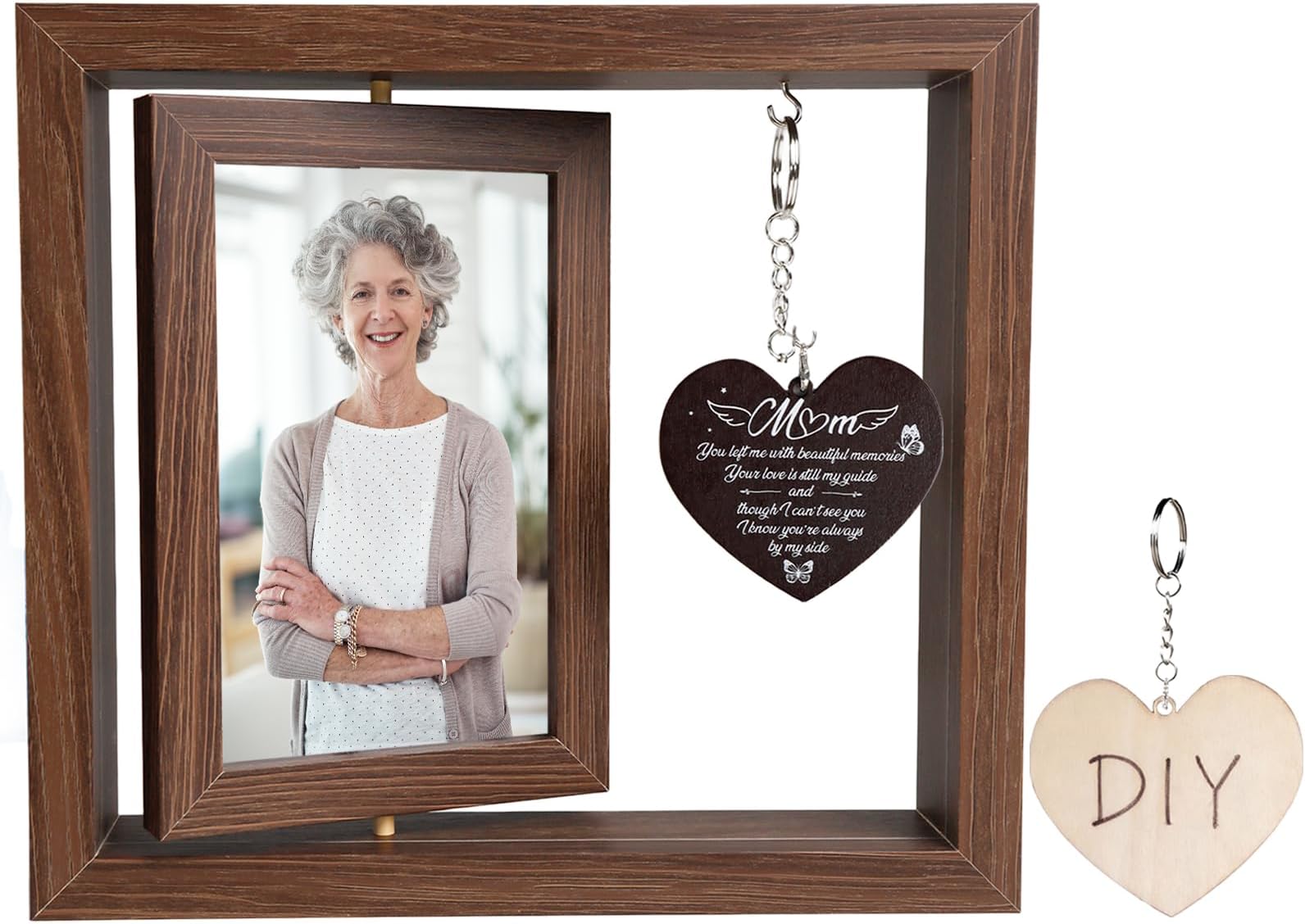 Memorial Gifts for Loss of Mom, Memorial Picture Frame, Rotating Memory Frame with 2 Heart Pendants, Wooden Bereavement Sympathy Gifts for Loss of Mother, Fits 4x6 Inch Photo