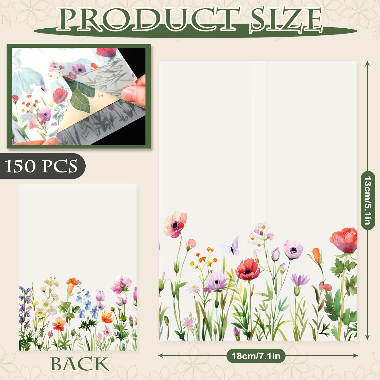 Fullhawl 150 Pcs Wildflower Printed Vellum Jackets for 5x7 Invitations Vellum Paper Wildflower Pattern Wedding Invitation Accessories Kit Envelope Inserts Liners for Bridal Shower Baby Shower Birthday