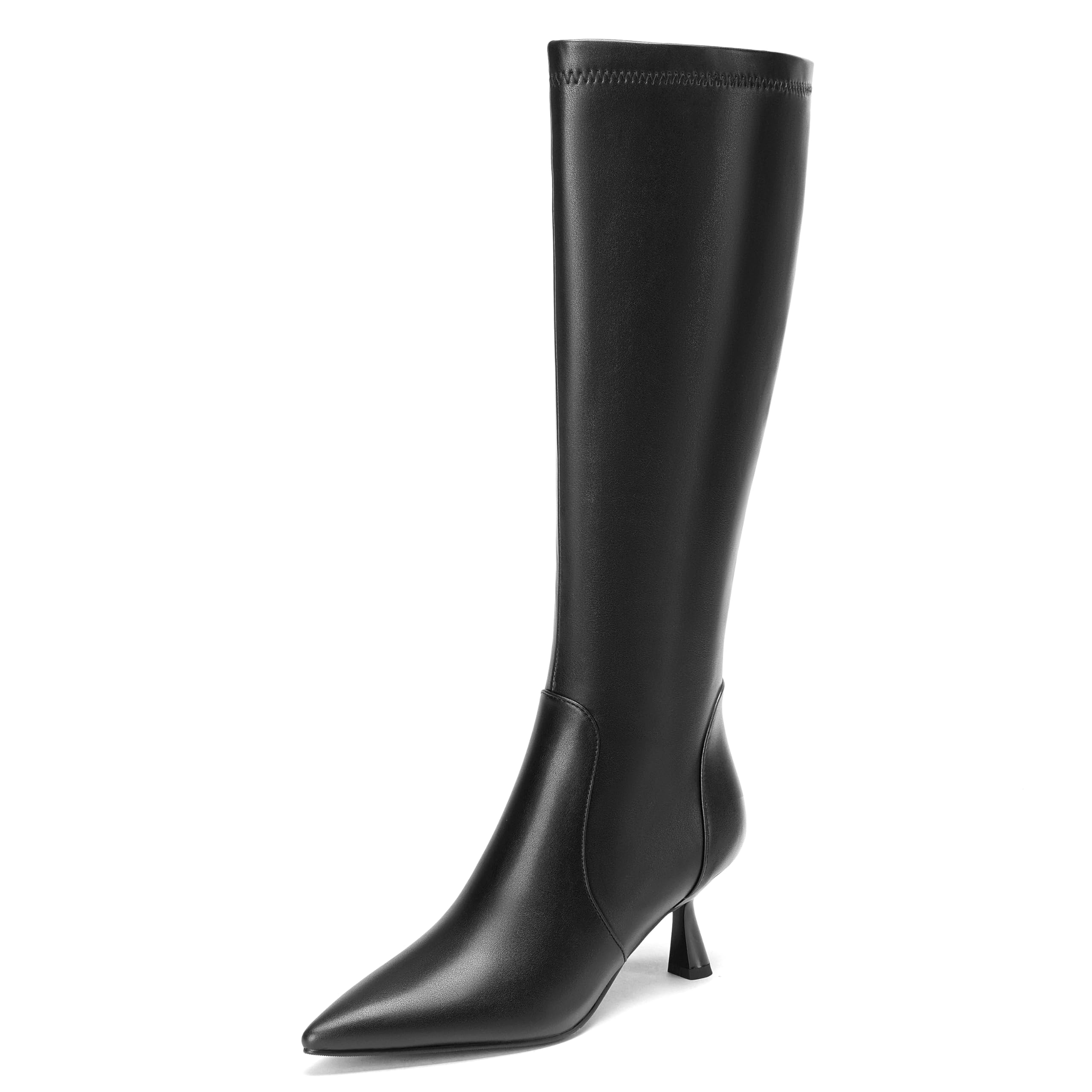 Knee High Boots Women Kitten Heels Pointed Toe Faux Leather Side Zipper Boots Sexy Stiletto Heeled Fall Long