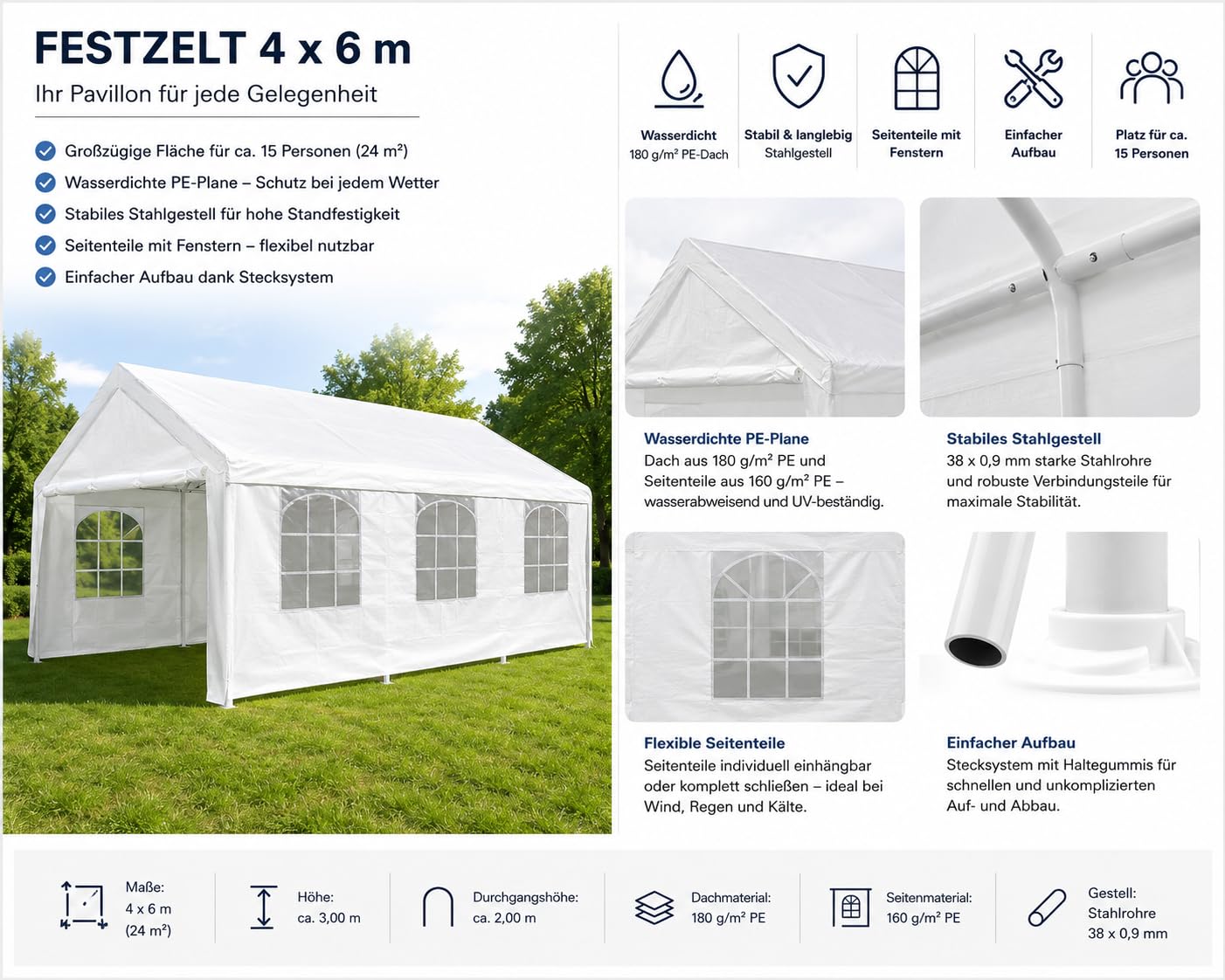 Festzelt Partyzelt 4x6 m weiß Pavillon Gartenzelt Seitenteile wasserdicht