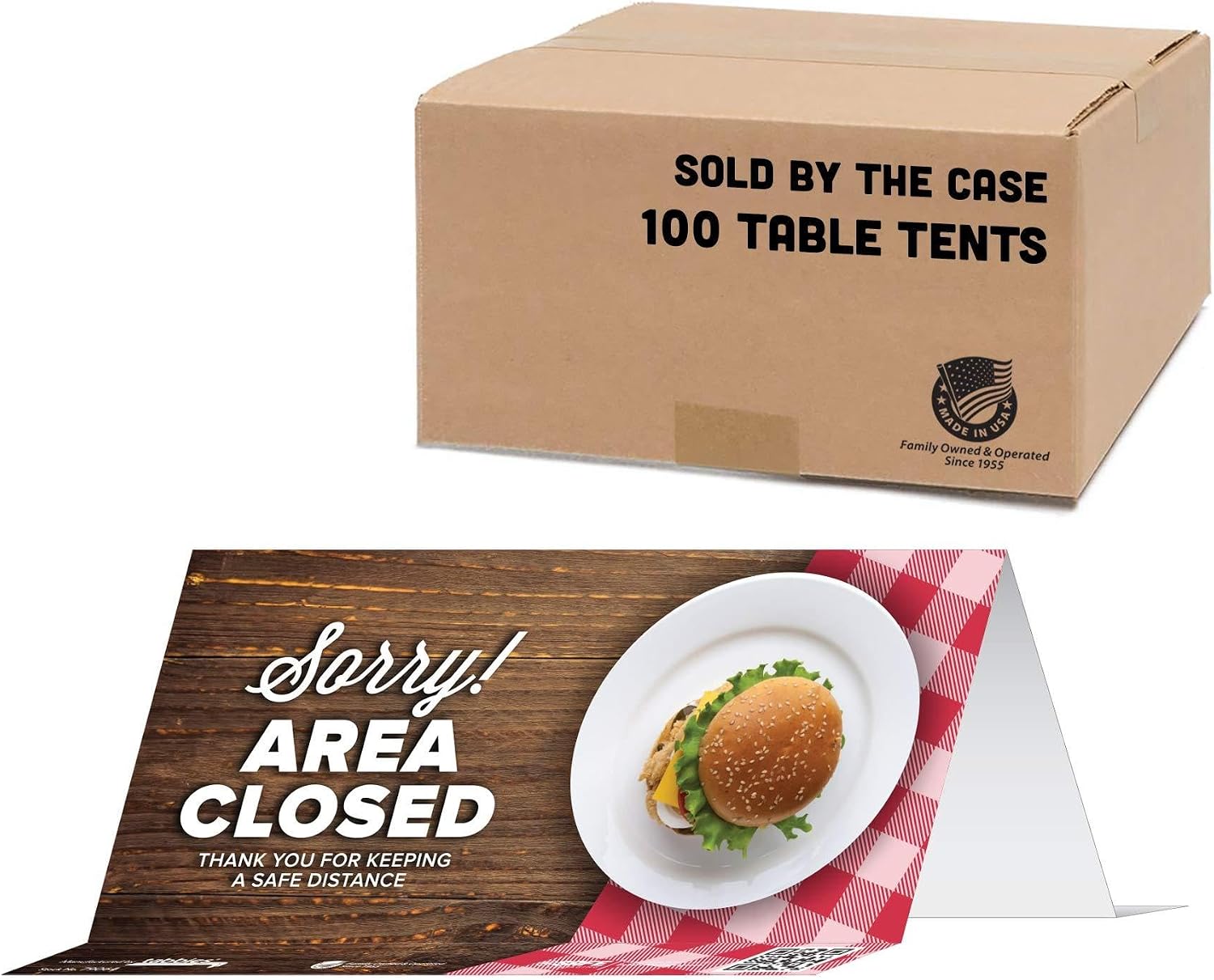 BeSafe Messaging "Sorry! Area Closed, Thank You For Keeping A Safe Distance" Barrel, Table Top Tent Card, 8"x3.875", Restaurant Safety Signs, Reusable Repositionable (10 Pack)