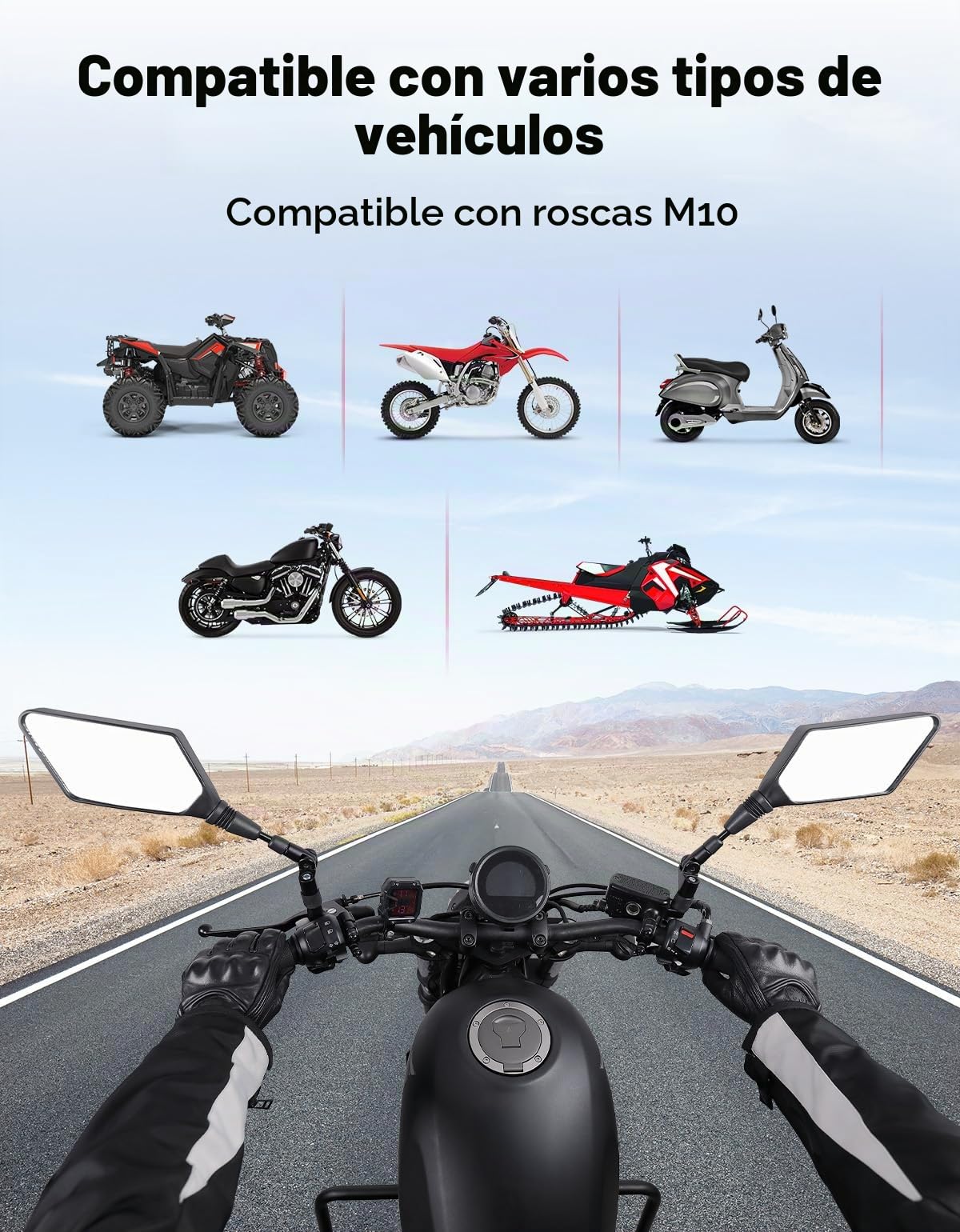 KEMIMOTO E57 Retrovisores Moto Homologados, Universal con M10 para Scooter y Ciclomotor. (2 Piezas)