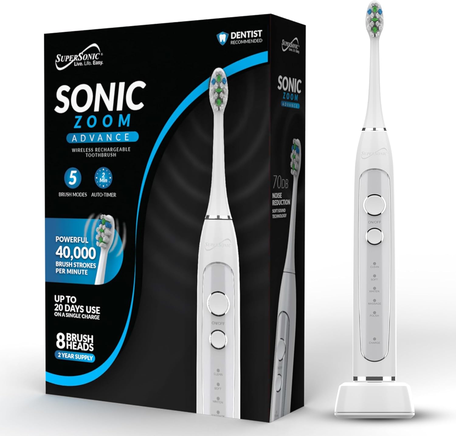 Supersonic TB-5100 Sonic Zoom Advanced Whitening Electric Toothbrush | 40,000 VPM | Wireless Charging | 5 Cleaning Modes | 8 Brush Heads | Auto Timer | Travel Case | White