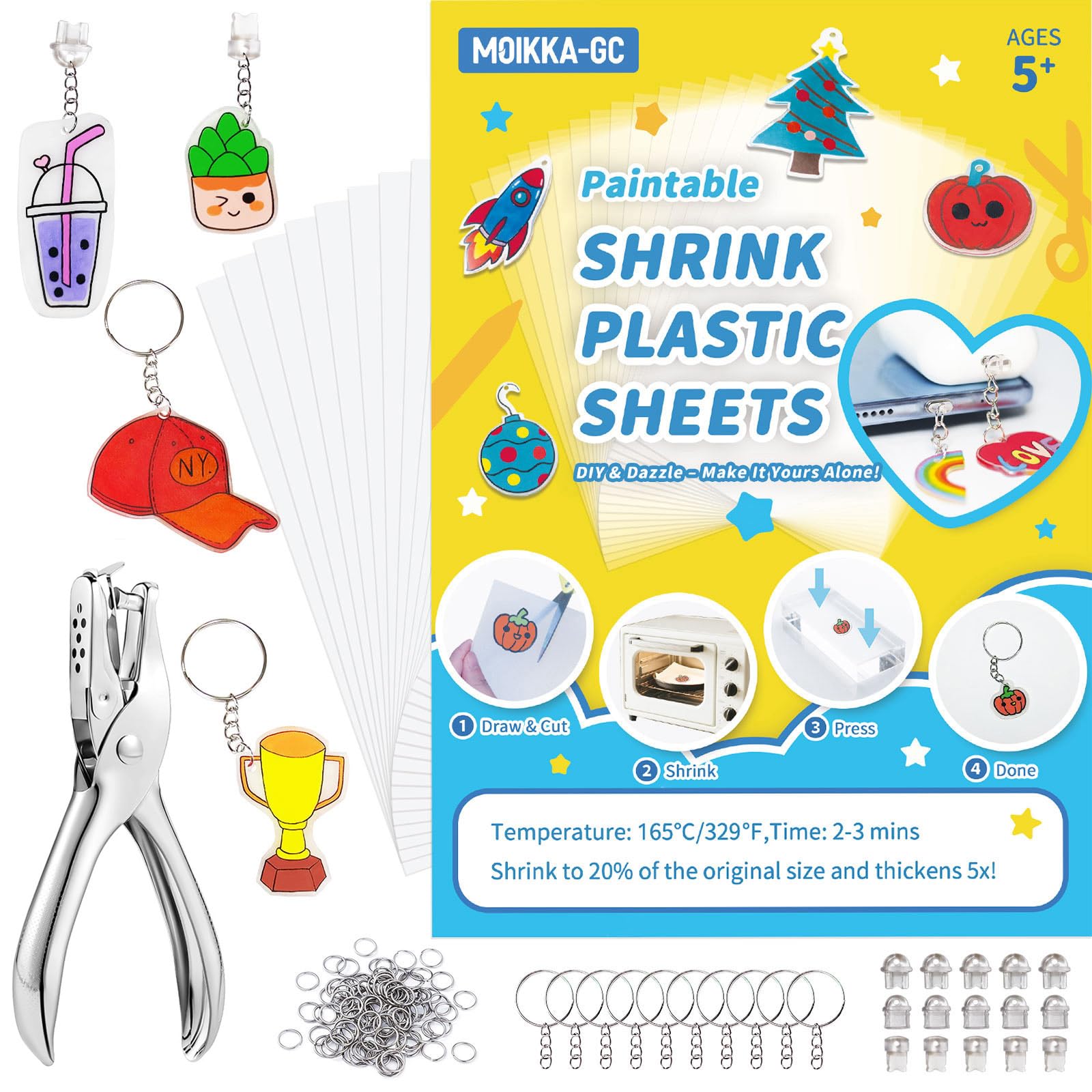MOIKKA-GC 142PCS Shrink Plastic Sheets Kit  16PCS 7.9"x5.7" Shrinky Paper for Phone Charms, Mini Crafts, with Hole Punch, Jump Rings, Keychains & Dust Plug, DIY Craft Supplies for Kids Teens & Adults 142pcs Shrink Sheet kits
