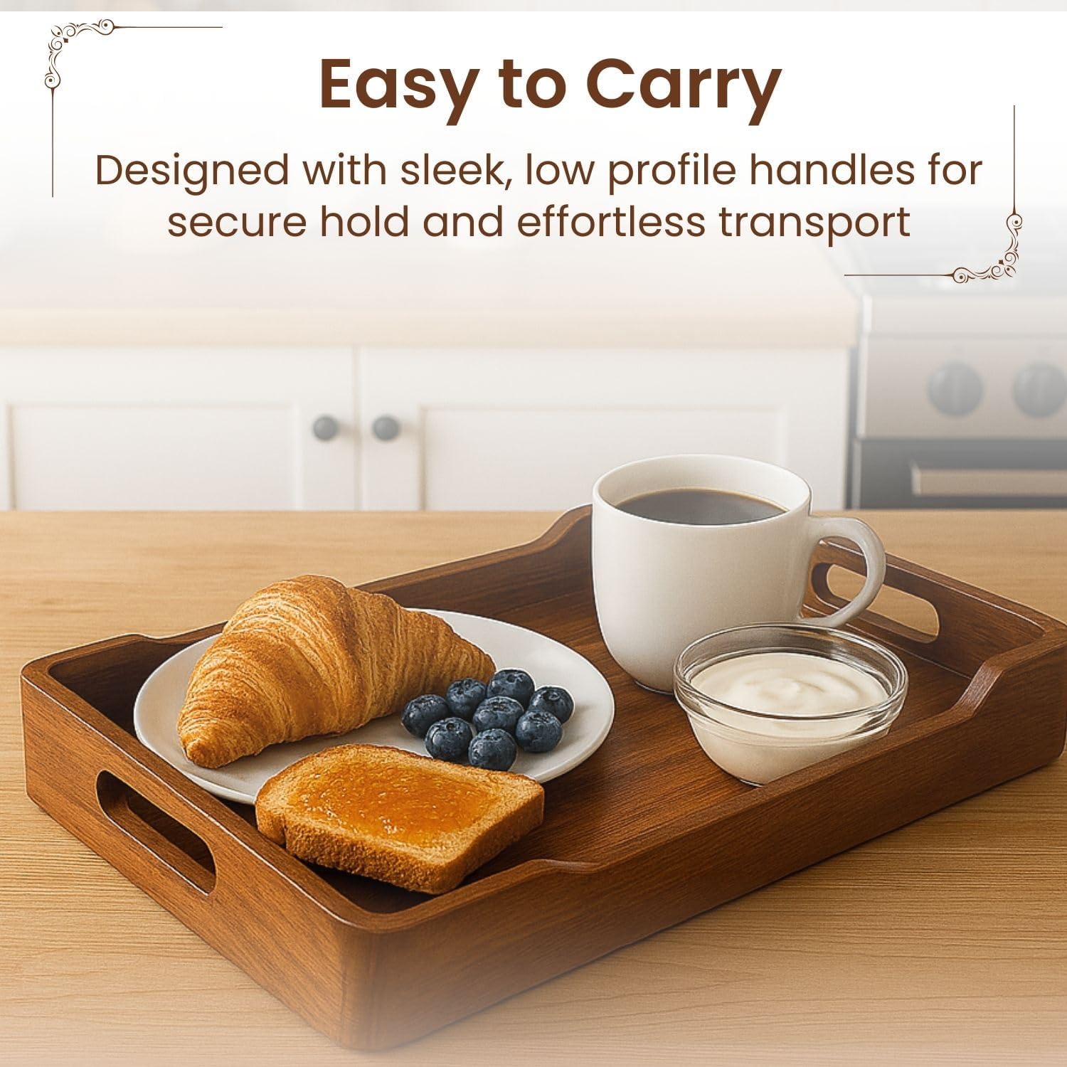 Acacia Wood Serving Tray with Handles, 18x13in Food Drinks Tray for Coffee Table, Breakfast, Dinner & Bar, Rustic Decorative Storage Tray for Ottoman, Kitchen, House Warming Gifts New Home - Image 2