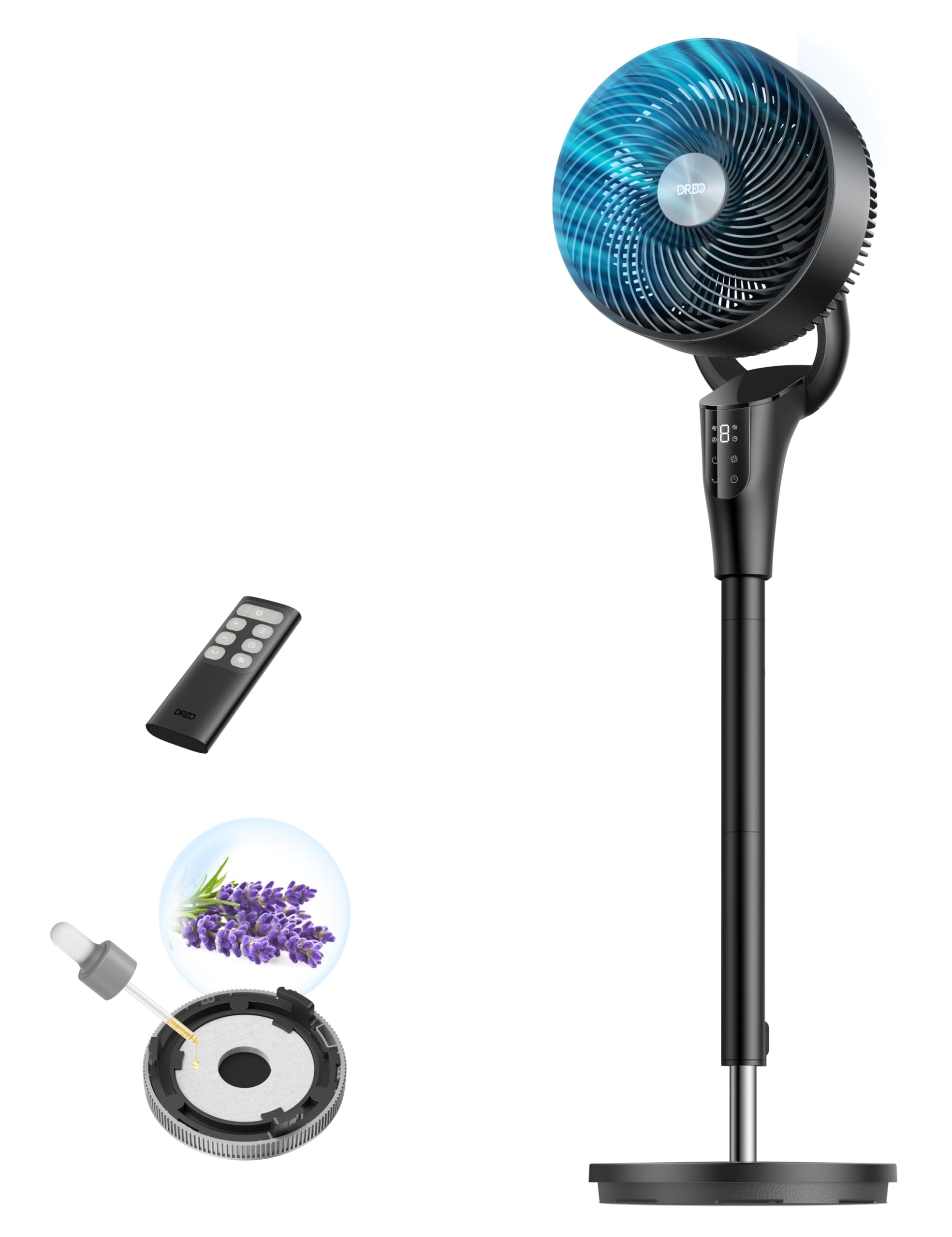 Fan for Bedroom, 90ft Airflow, 20dB Quiet Fan, 90° Oscillating Standing Fan, DC Motor, 8 Speeds, 3 Modes, 38-42'' Adjustable Height, 8H Timer, Air Circulator for Whole Room, 105° Manual Vertical