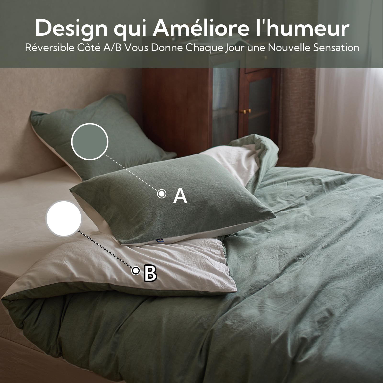 MILDLY Housse de Couette 220x240 Coton - Certifié Öeko-Tex - Vert Sauge | Housse de Couette avec Fermeture Éclair, 100% Coton Lavé, Texture Lin, Parure de Lit avec 2 Taies d'oreiller 65x65 cm