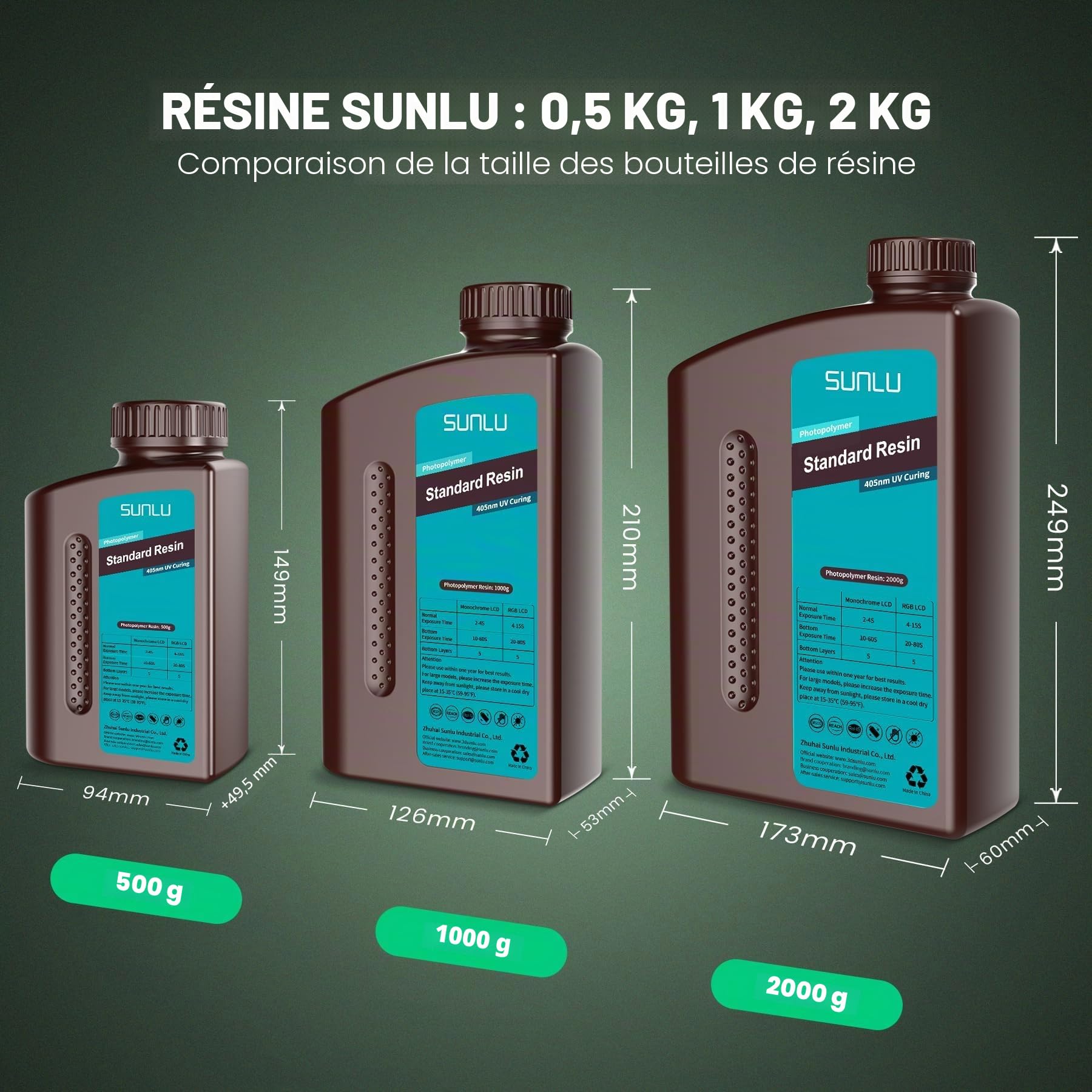 SUNLU Résine standard 2 kg Faible rétrécissement Durcissement rapide Résine UV 365-405 nm Pour imprimantes 3D LCD/DLP/SLA 2000 g Gris