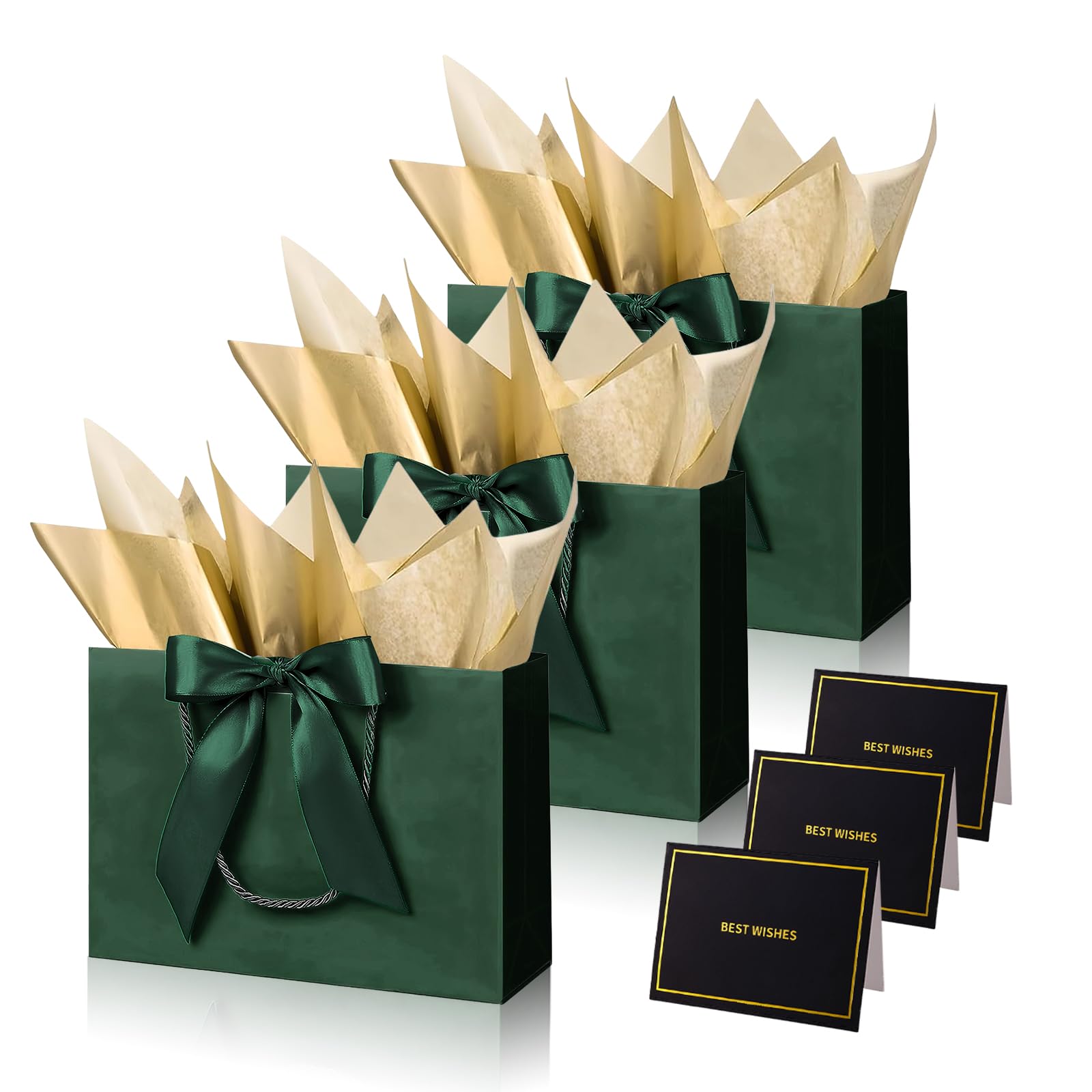 Christmas Green Gift Bags for Presents,3P Dark Green Medium Present Bags with 6 Metallic Golden Tissue /3 Card,Personalised Birthday Gift Paper Bag with Ribbon,28 * 20 * 10 Wrapping Bag for Christmas — image 1