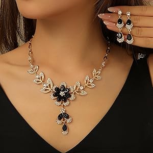 Amazon.com: Gold Black Jewelry Sets for Women Trendy Wedding Guest Dress  Black Gold Crystal Flower Necklace Earrings Set Sparkly Prom Formal Bridal  Outfit for Women: Clothing