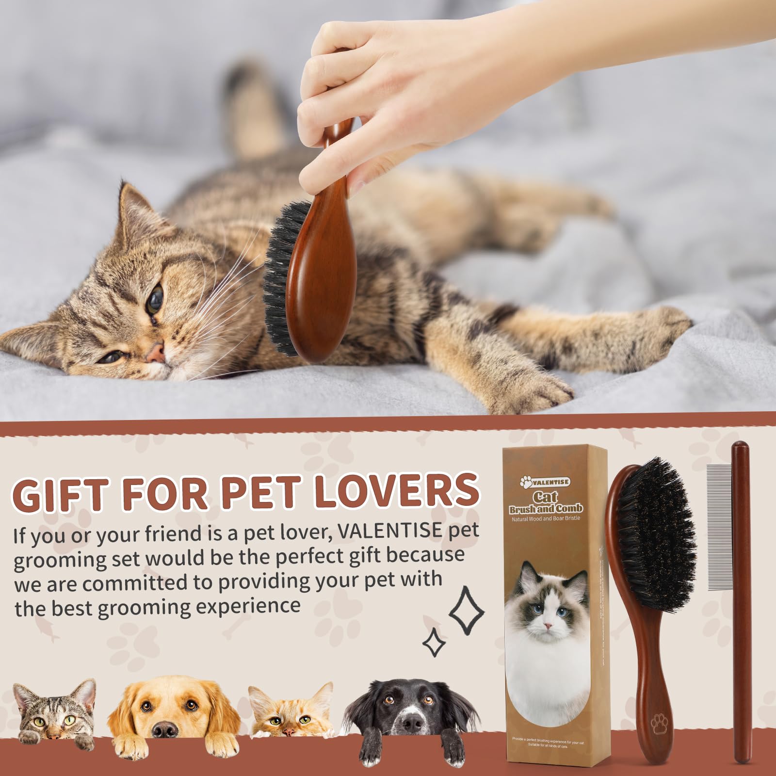 Cepillo y peine de madera para gatos, cepillo de pelo de gato con cerdas de jabalí náutrales para reducir el desprendimiento y mantener el brillo saludable, herramienta diaria de aseo de