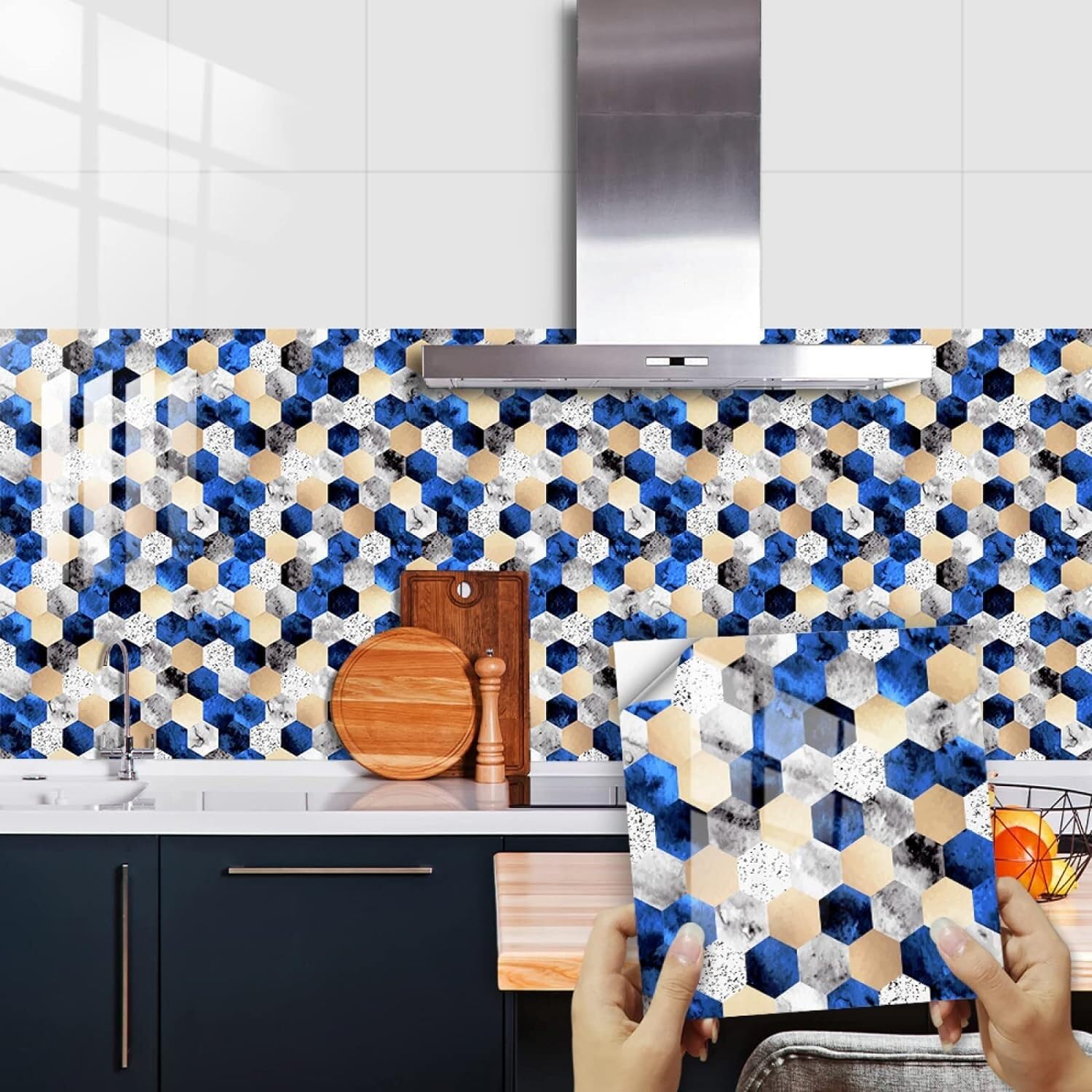 Azulejos a prueba de aceite ELzEy papel tapiz geométrico azul autoadhesivo contra manchas de grasa