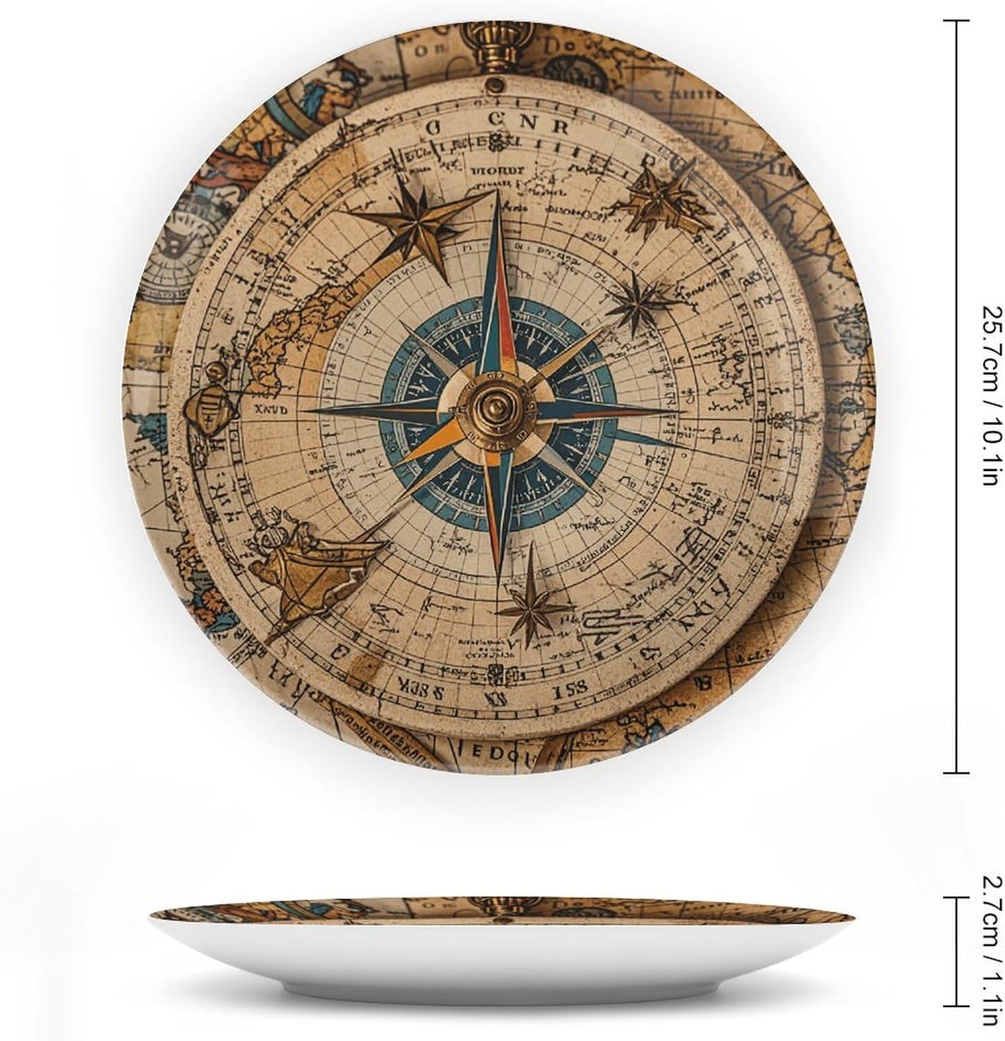 Compass And Old World Map Bone China Decorative Plate for Home Decor, Round Ceramic Decorative Dish with Stand Hook, Wall Hanging Ornament Plates for Office, Porcelain Plates 10inch