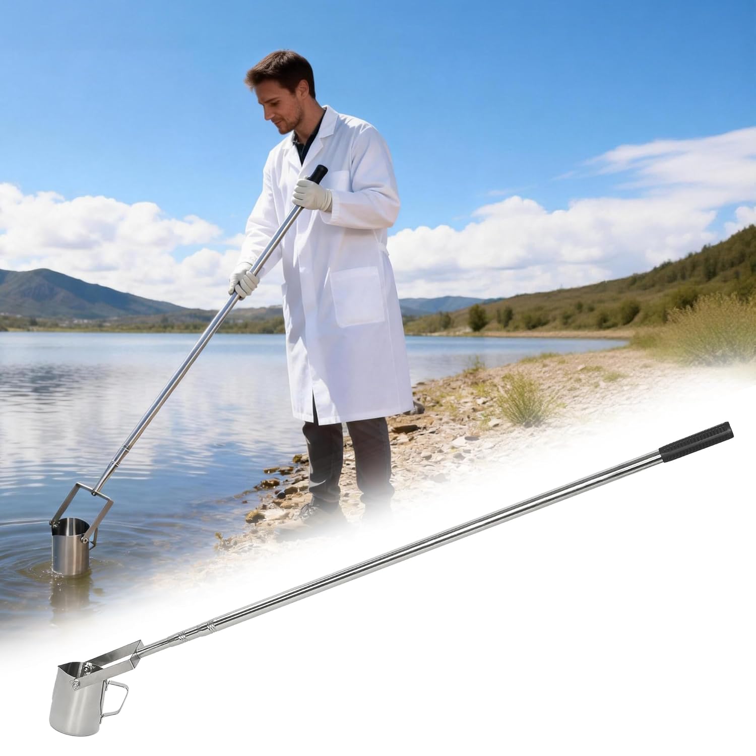 AIWFL 500ML Telescopic Water Sampler Dipper (3.6FT-9.8FT),Stainless Steel Pendulum Beaker Sample Ladle with Water Sampling Pole Sampler Rod for Environmental Monitoring,Lab Sampling