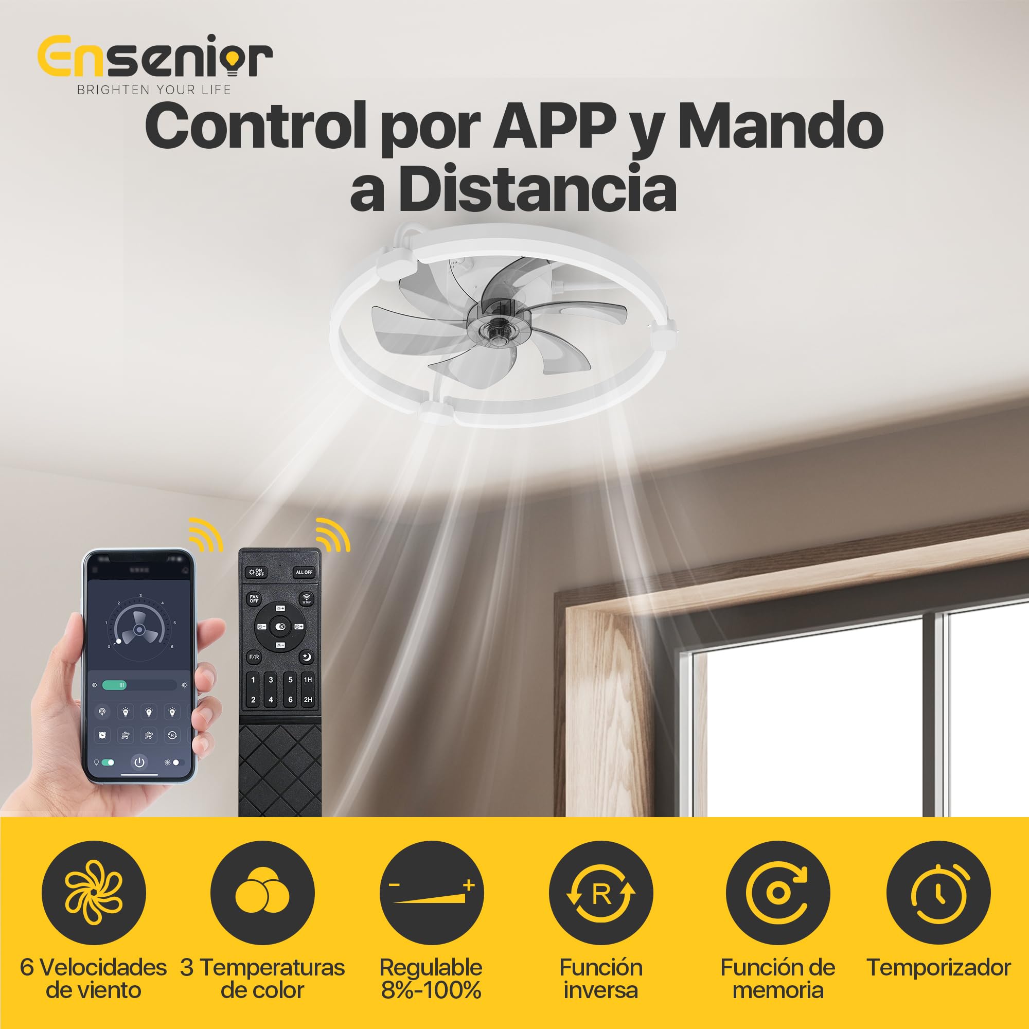 Ensenior Ventilador de Techo con Luz Silencioso, 50cm Lámpara Ventilador Techo con Aspas Desmontables, Motor DC, Plafón LED Regulable con Memoria y APP, 6 Velocidades para Dormitorio y Salón - Blanco
