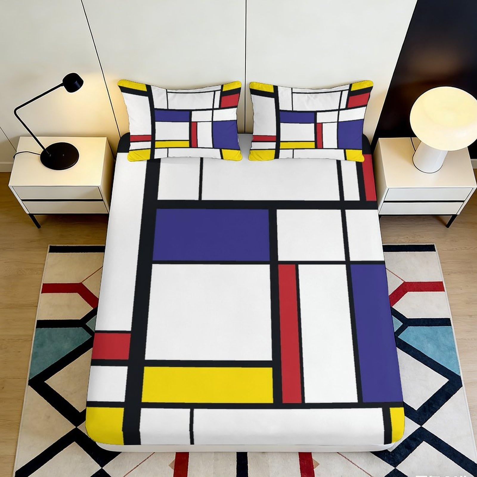 Jqzkxnhpbr Style-9 3D Printed Mondrian Geometric Fitted Sheet Microfiber Modern Art Color Block Mattress Cover For Bedroom Guestroom 90X200x25cm