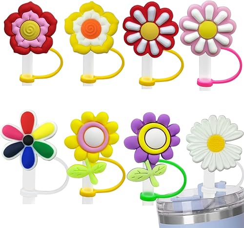 Straw Cover Cap Set of 8, Flower Reusable Silicone Straw Topper Compatible with Stanley 30 oz 40 oz Tumbler, 7-8mm Straw Top Covers for Wate Cups
