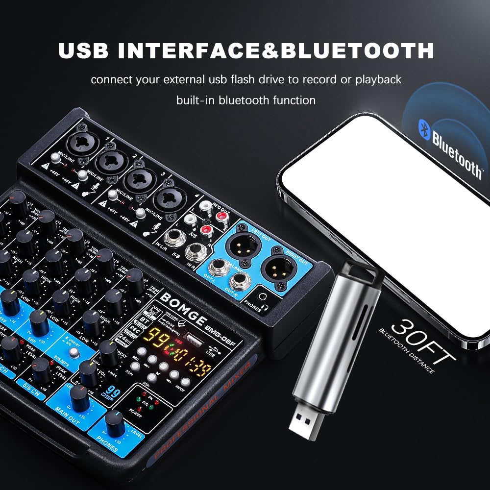 BOMGE Mini Mixer Audio DJ a 6 Canali con Interfaccia MP3 USB, Registrazione Stereo Bluetooth, Alimentazione Phantom 48V, DSP 99 per lo streaming di performance karaoke
