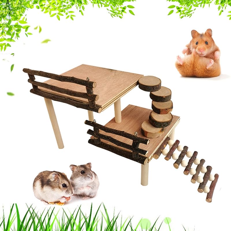 RoseFlower Plataforma de Hámster de Madera, Patio de Recreo de Hámster, Juguetes para Animales Pequeños, Escalera de Madera Hamster Chew Bridge Juguete Casa escondida Cerca Escalada Puente