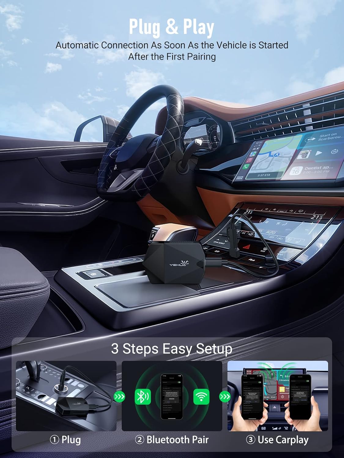 Tres pasos para una fácil configuración del adaptador inalámbrico CarPlay de YEHUA