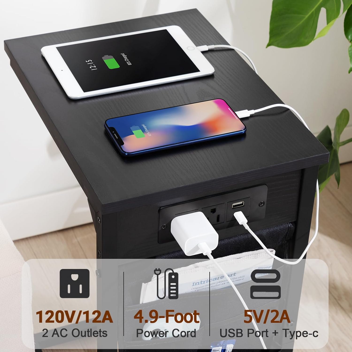 AMHANCIBLE C Shaped End Table with Charging Station, TV Tray Set of 2, Couch Tables with Storage Bag, Slide Under Sofa Side Table with USB Ports and Outlets for Living Room, Black, HET04CBK