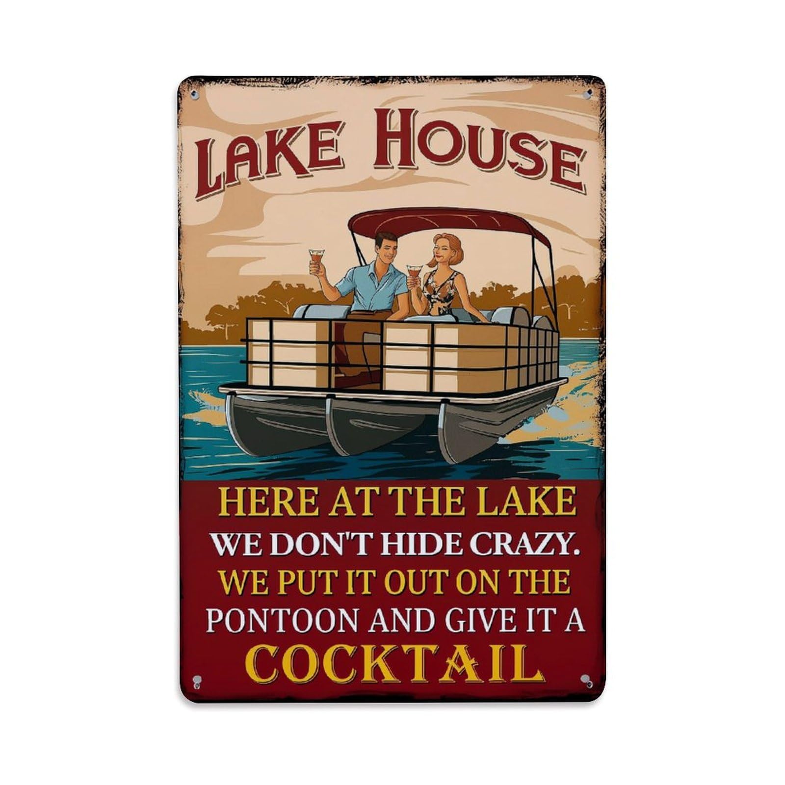 Lake House Pontoon Cocktail Fun Vintage Tin Sign Retro Metal Wall Decor Metal Poster, Home Bar Garage Farmhouse Cafe Wall Art Decoration 8x12Inches