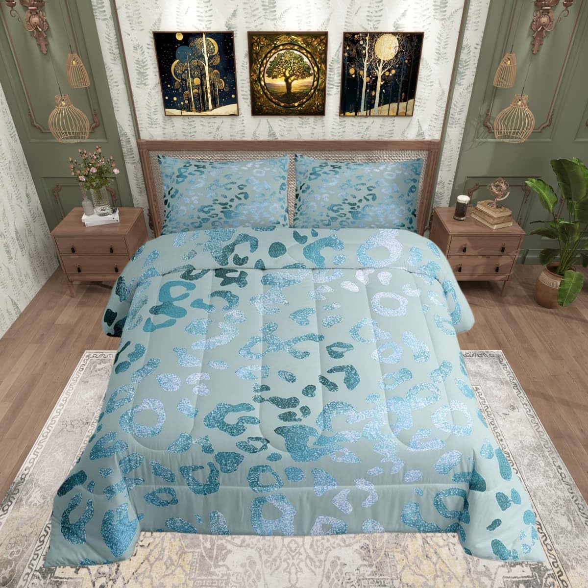 Castle Fairy Silver Leopard Printed Comforter Set,Silver Glitter Bedding Set for Kids Girls Women,Adults Cheetah Printed Comforter,Wild Animal Skin Quilted Duvet Set Bedroom Collection Twin Size 2Pcs