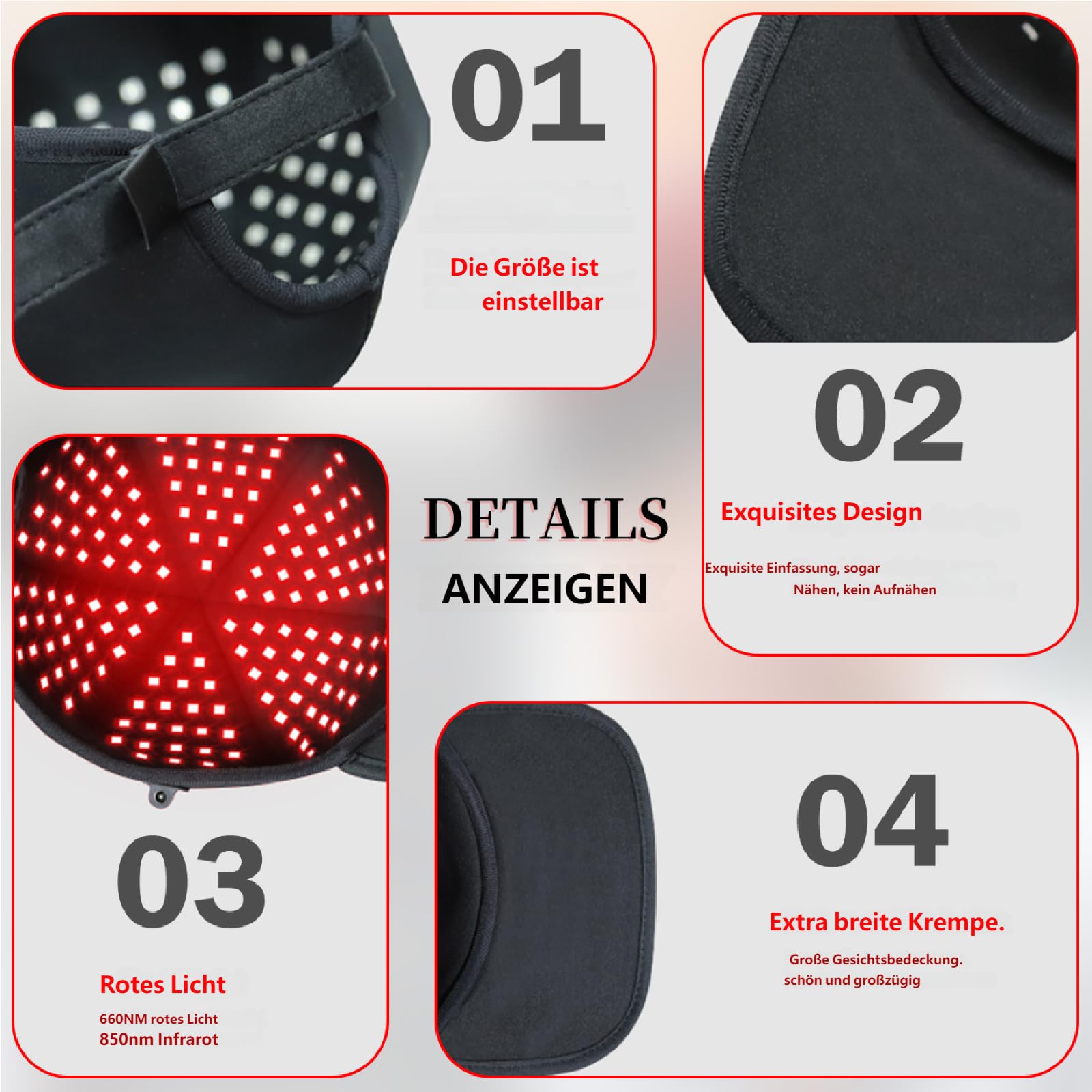 Rotlicht- Cap, Rotes Licht mit 180 LEDs, 660 nm & 850 nm Infrarotlicht, verstellbare Größe für Männer und Frauen