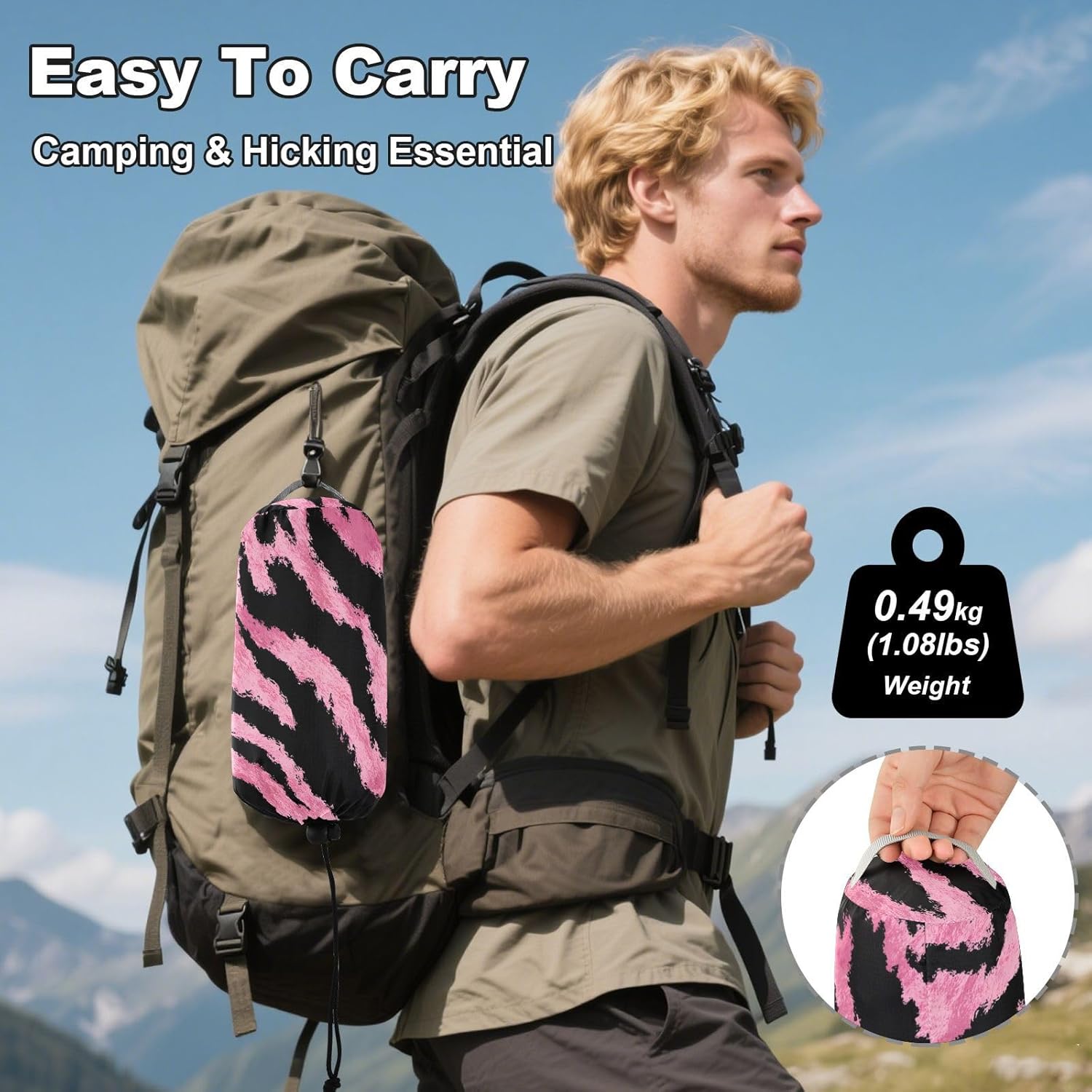 ALAZA Pink Black Tiger Print Camping Hammocks Single or 2 Person 500 lbs Portable Parachute Travel Hammock w/Tree Straps for Hiking Backpacking Indoor Outdoor