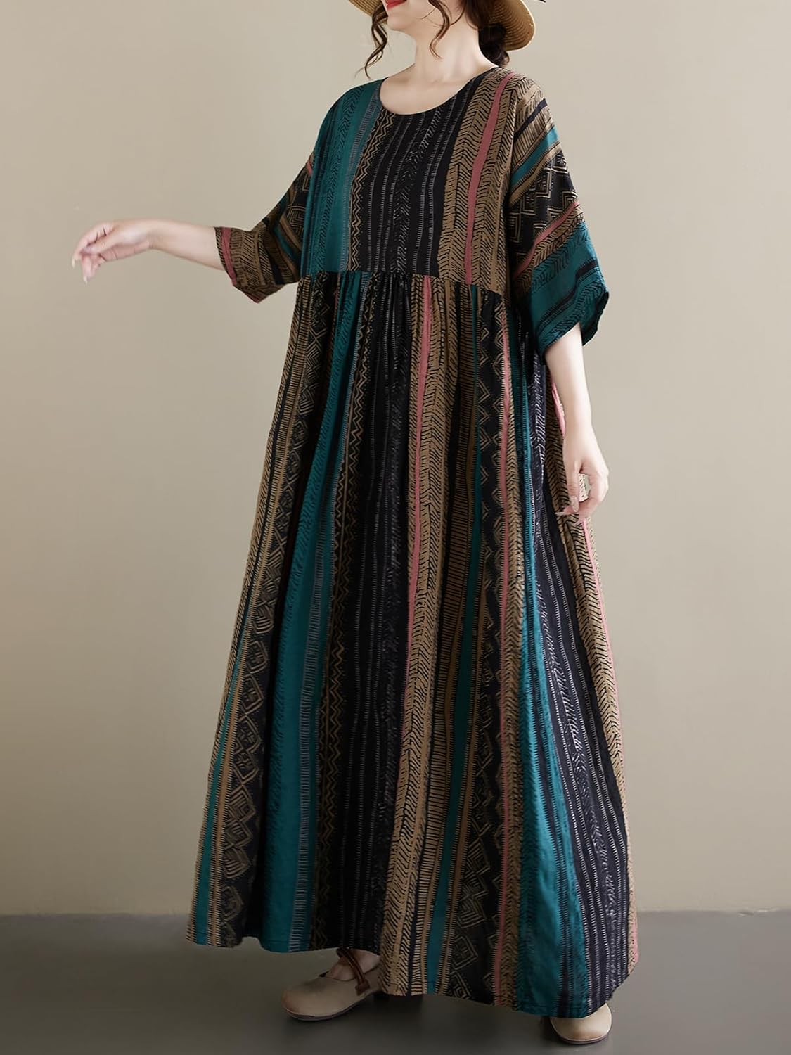 Women Summer Casual Loose Dress Plus Size Boho Dresses Vintage Striped Print Round Neck Short Sleeve with Side Pocket - Image 2