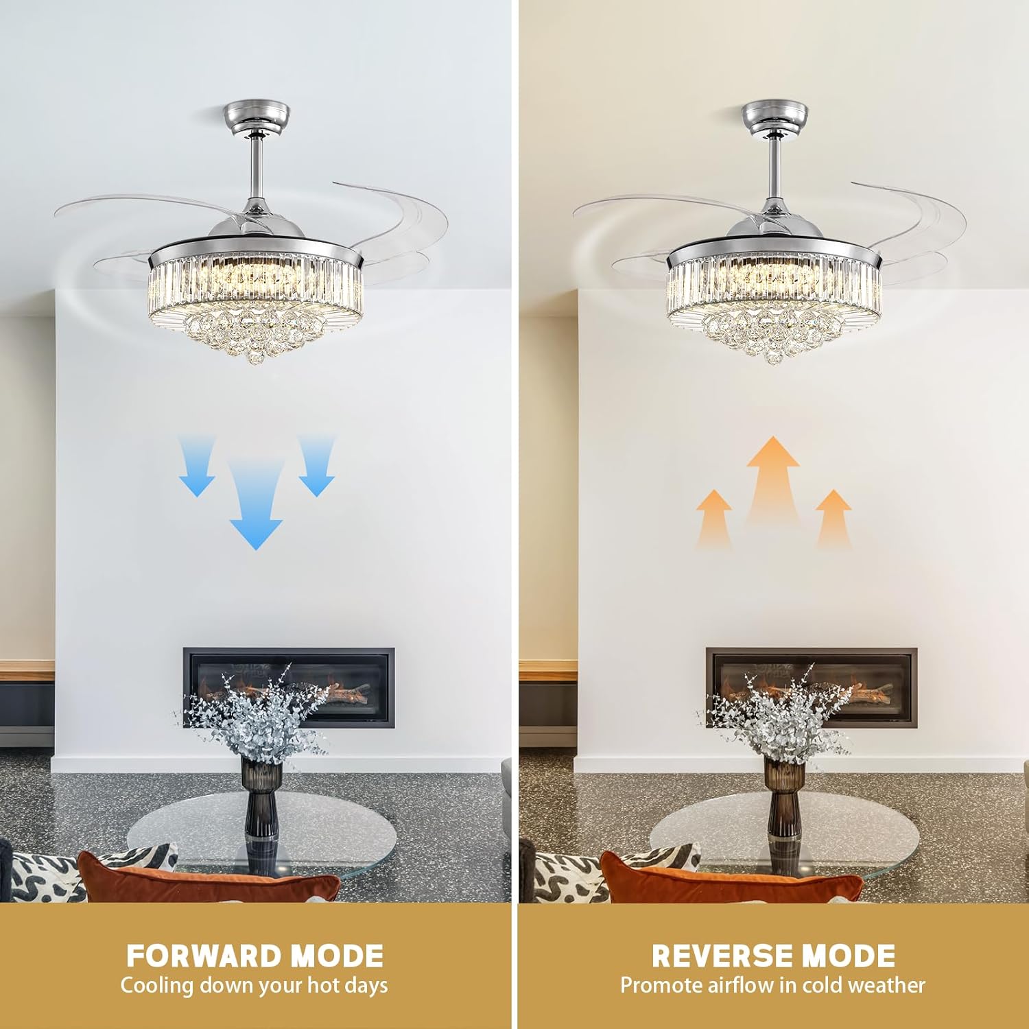 Modern 48 Inch Dimmable Crystal Fandelier, Retractable Blades Ceiling Fans with Light and Remote, Invisible LED Ceiling Fan Light Kit for Bedroom-Polished Chrome