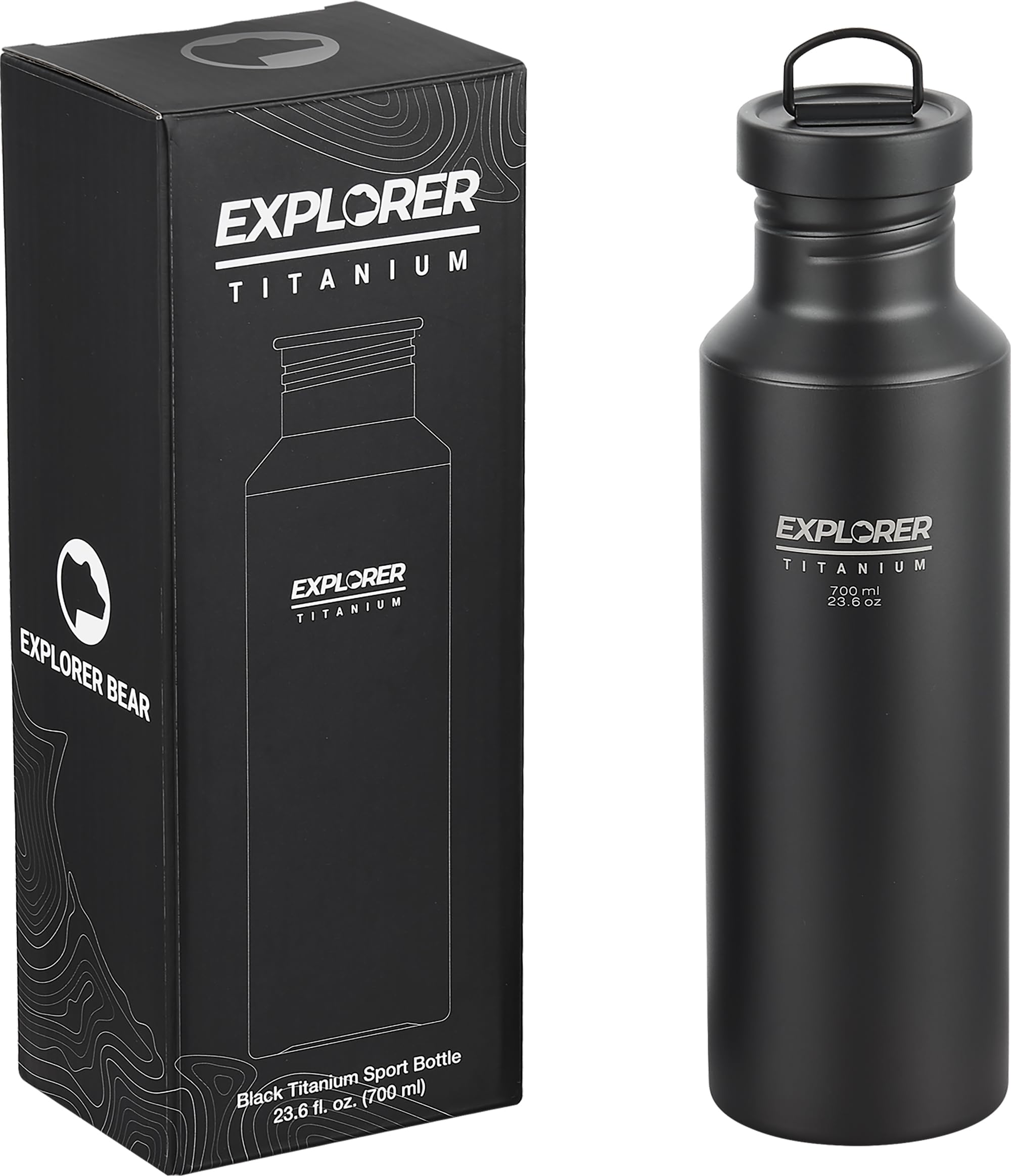 Explorer Bear Schwarze Titan-Camping-Sport-Trinkflasche, 690 ml, mit Tragetasche