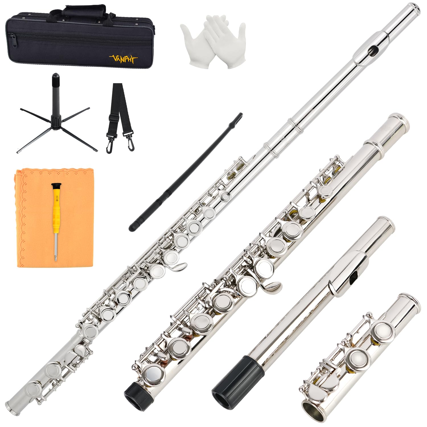Flöten Geschlossenes Loch C für Anfänger Kinder Studenten, 16 Tasten Vernickelte Flöten - Musikinstrument mit Etui, Ständer, Reinigungstuch, Handschuhe, Stimmstange (Silber)