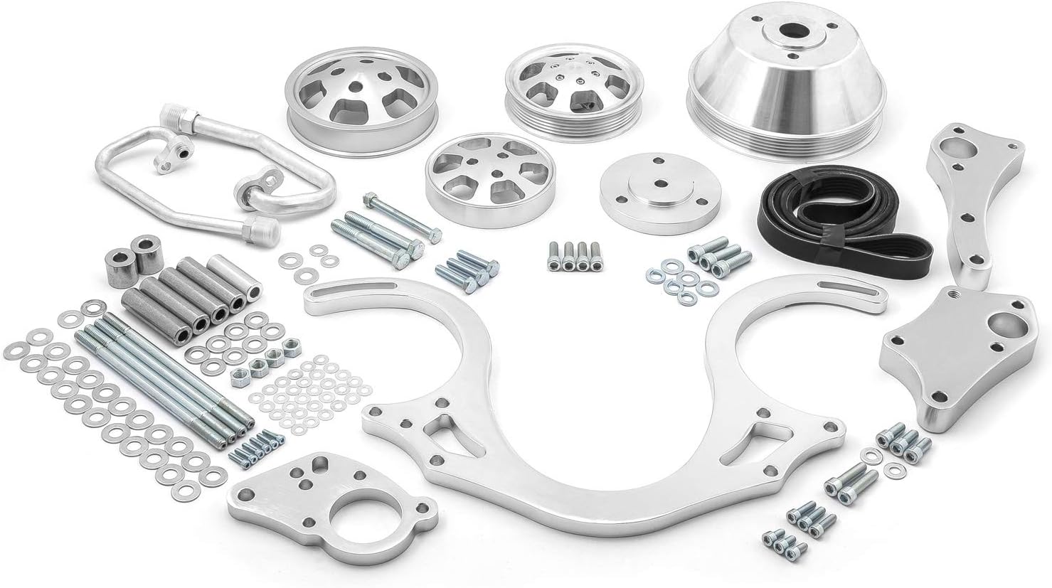 All components of the Speedmaster PCE415.1020.01 Serpentine Engine Pulley Kit laid out on a white background.