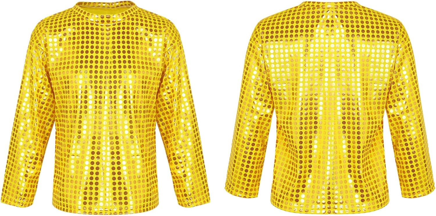 Loyan Kids Boys Girls Jazz Hip Hop Performance Dancewear Sequins Dance Top Sparkly Disco Costume Long Sleeve T-Shirt