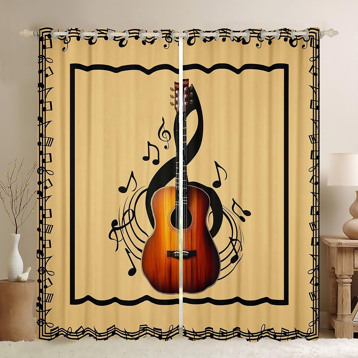 Manfei Guitar Curtains,Musical Notes Classical Music Theme Window Drapes Bedroom Blackout 30%-50%,Vintage Brown Window Treatment Grommet Top 2 Panels,38Wx45L