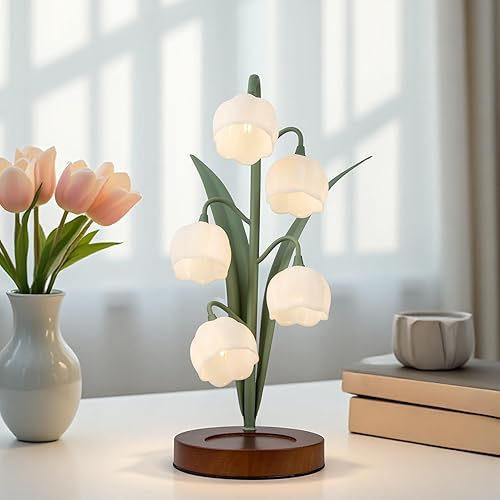 CybaaLuxzus Green Flower Desk Lamp That Blooms, Vintage Lily of The Valley Lamp, Led Tulip Table Lamps, Cute Floral Petal Orchid Lamps for Bedroom, Flower Vine Petal Night Light Room Decor