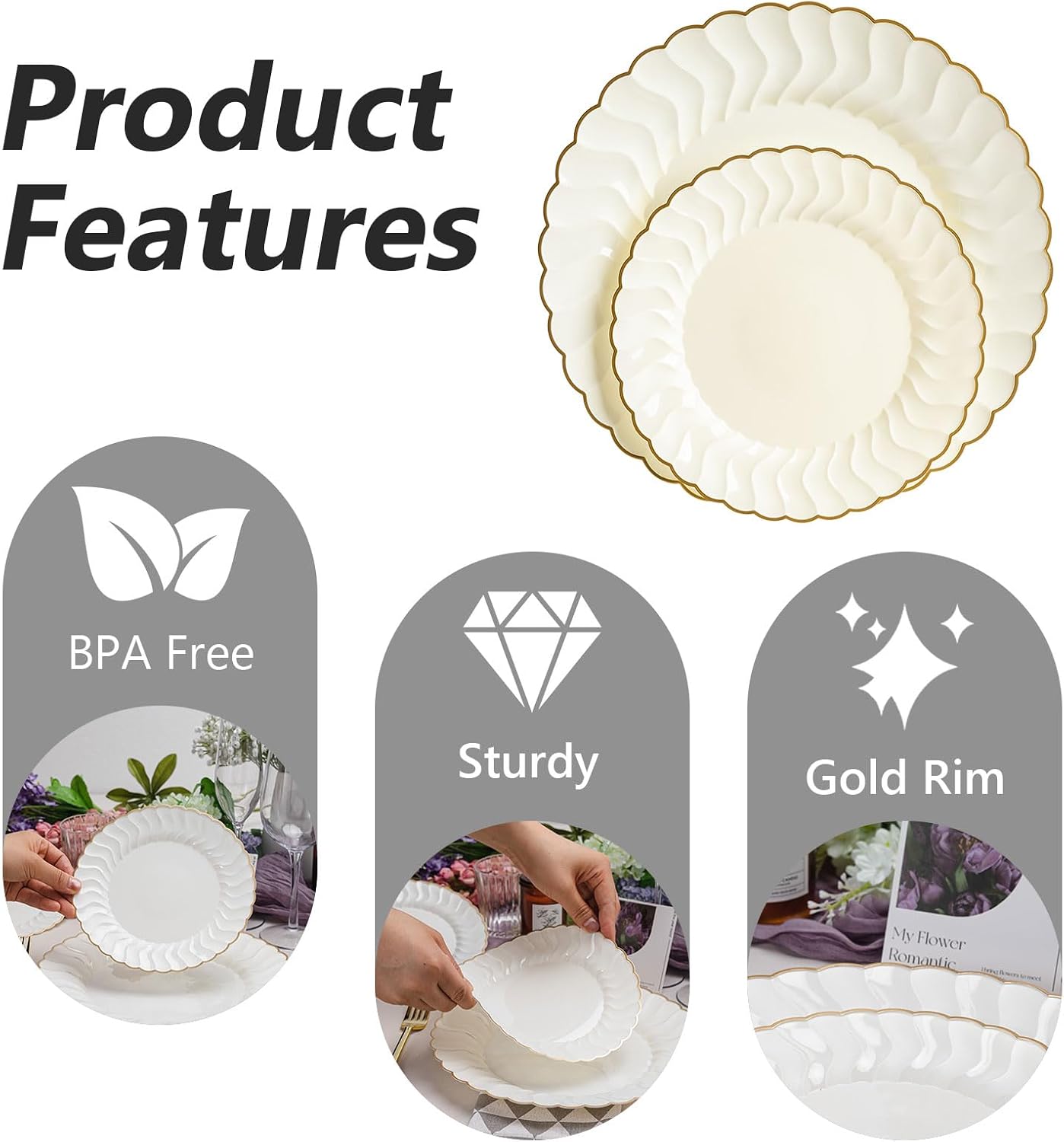 80pcs Ivory Thanksgiving Plastic Plates With Gold Rim, 10in Dinner Plate and 7in Dessert Plate Disposable Elegant Scalloped Plates for Party, Wedding - Image 6