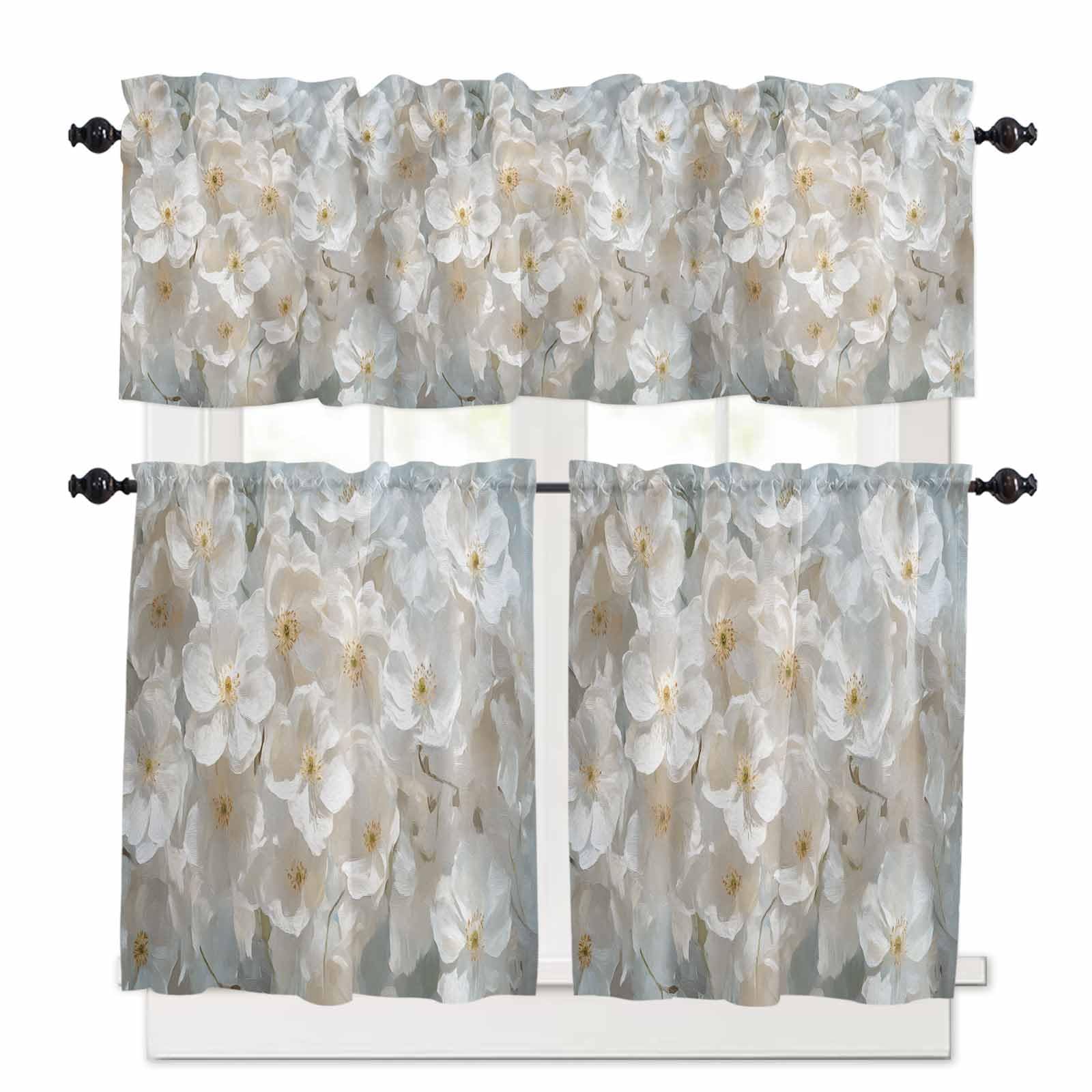 Flowers Kitchen Curtains 36 Inch Length,3 Piece Rod Pocket Small Half Tiers and Valance Set,Watercolor Floral Neutral Brush Strokes Artwork Small Large Window Treatment Decor for Bedroom/Bathroom