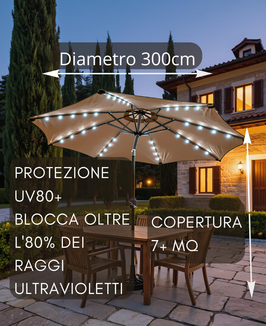 Ombrellone da Giardino BALì 3 Metri Inclinabile con Luci LED Solari Integrate – Protezione UV80+ – Apertura a Manovella Push-Button – Struttura Acciaio Verniciato – Parasole Terrazzo Piscina Dehors