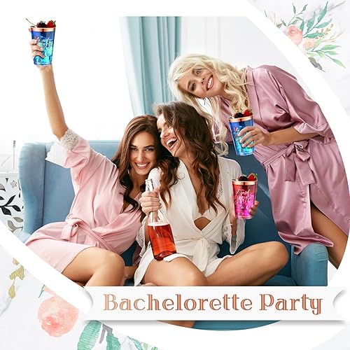 Miniatura 2 de Sunnyray 200 tazas de plástico con borde de oro rosa de 12 onzas, vasos de plástico transparente para novia, tazas desechables de dama de honor para