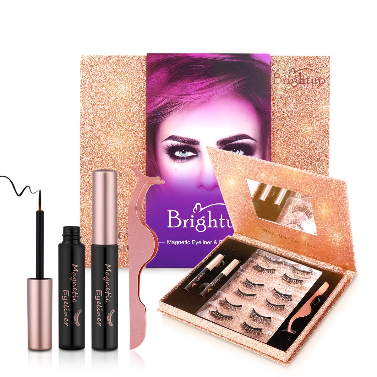 Brightup Magnetic Eyelashes with Eyeliner, 6 Pairs 3D Natural Look Reusable False Magnetic lashes, 2 Tubes Long Lasting Magnetic Eyeliner, Twinkle Mirror Box with Tweezers, Ideal For Gift